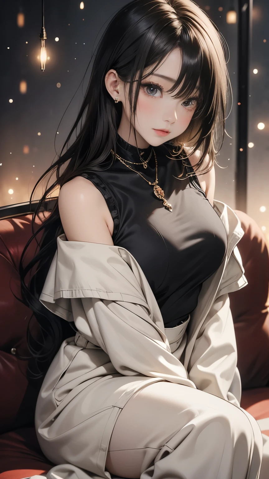 masterpiece、top-quality、hight resolution、High-quality images、8K、1womanl、detaileds、Detailed eye depiction、the detail、skin gloss、Lustrous black hair、Long braided hair、Lisa、portlate、Monochrome grayscale、Black turtleneck、bard、sidelong glance