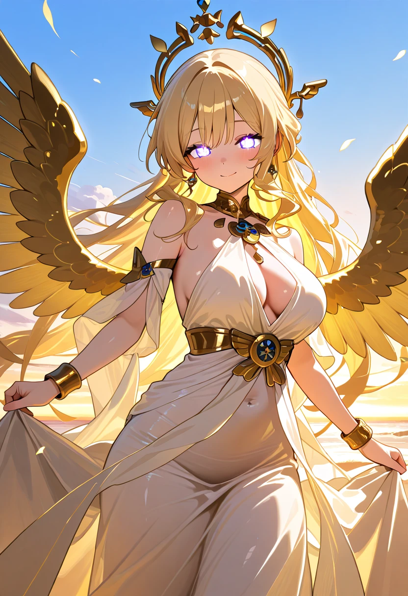 score_9,score_8_up,score_7_up,1girl, head_golden wings,bare_shoulders, gold jewelry,bangles, long dress, bracelet,skirt, gold navel,midriffe, large breasts shiny blonde hair, loose flowing gold silk chiffon gown, dawn, blue sky, highly detailed, long lashes, shimmering, cute smile, closed mouth, cute face, serene, heavenly, detailed face, glowing eyes, perfect eyes, masterpiece,best quality, amazing quality,very aesthetic,absurdres,newest, (negative_v2 Color_Balance_Calibration:0.8), (SuperQuality:1.0) ~ (SuperQuality:1.2)