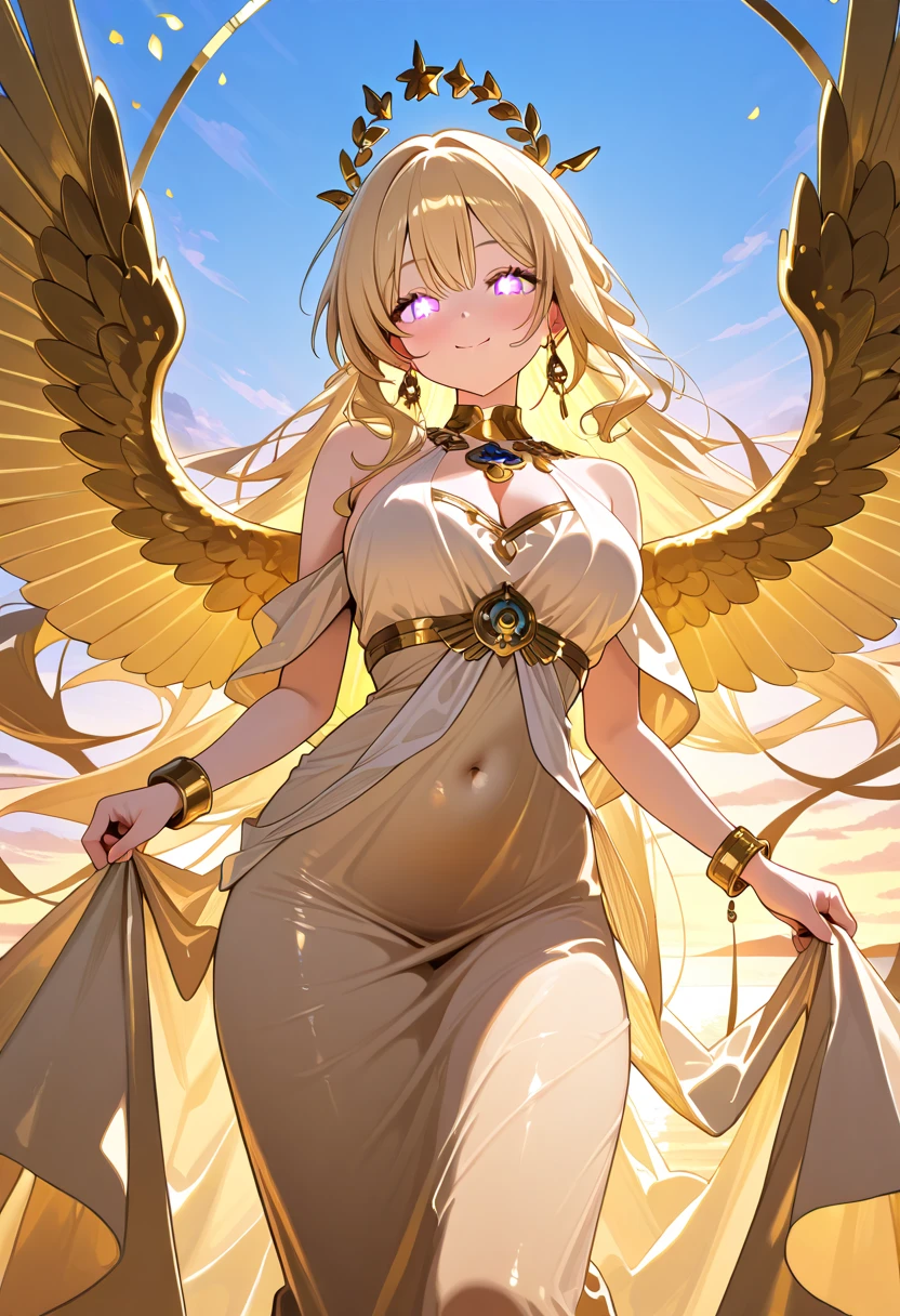 score_9,score_8_up,score_7_up,1girl, head_golden wings,bare_shoulders, gold jewelry,bangles, long dress, bracelet,skirt, gold navel,midriffe, large breasts shiny blonde hair, loose flowing gold silk chiffon gown, dawn, blue sky, highly detailed, long lashes, shimmering, cute smile, closed mouth, cute face, serene, heavenly, detailed face, glowing eyes, perfect eyes, masterpiece,best quality, amazing quality,very aesthetic,absurdres,newest, (negative_v2 Color_Balance_Calibration:0.8), (SuperQuality:1.0) ~ (SuperQuality:1.2)