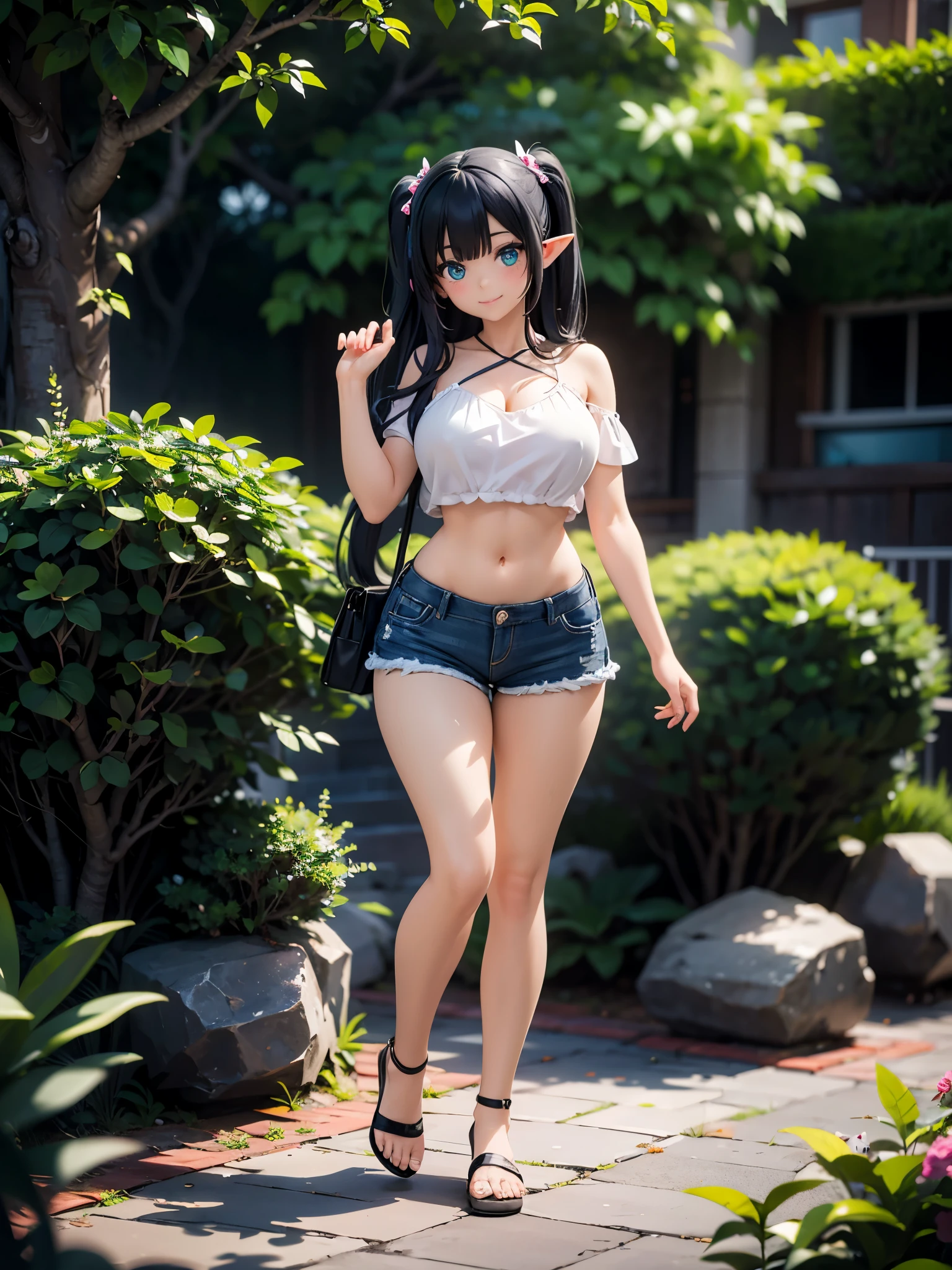 detailed image, realistic image, 1 elf, she has black hair, very long hair combed in two pigtails, turquoise eyes, smiling happily. blushing, She has a curvy body, medium breasts. She is dressed in a loose top, showing her belly button, casual mini shorts. She is posing inside a stone path, surrounded by flowers, full body view, cold environment, ambient light, volumetric light,