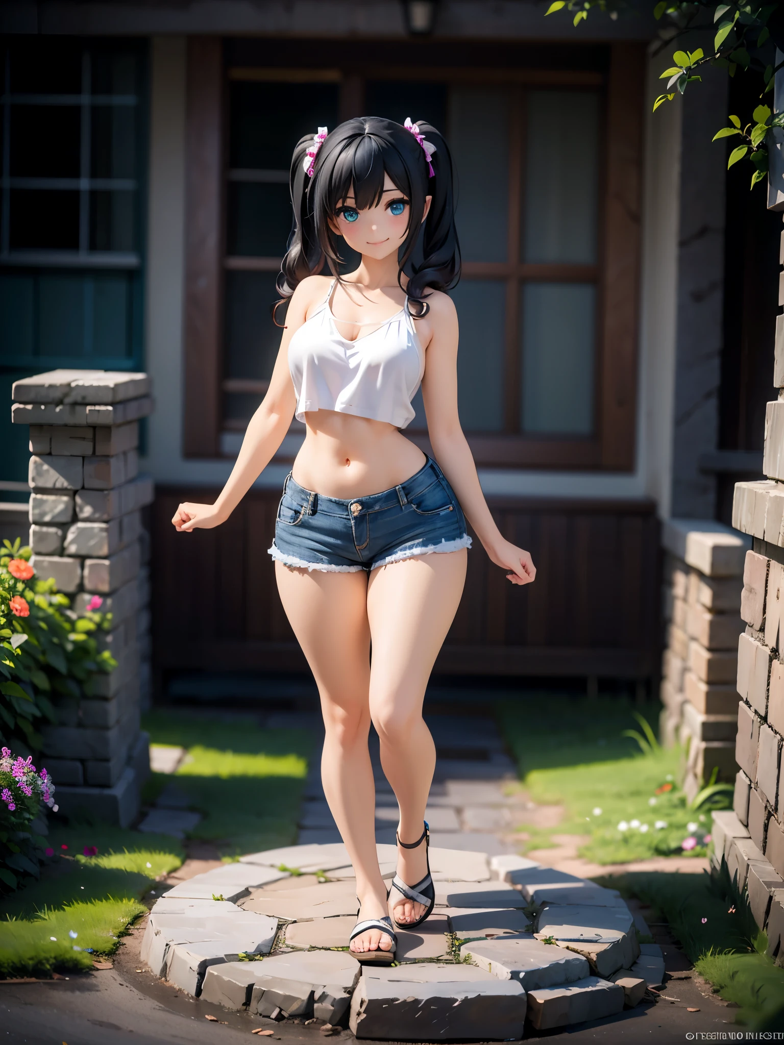 detailed image, realistic image, 1 elf, she has black hair, very long hair combed in two pigtails, turquoise eyes, smiling happily. blushing, She has a curvy body, medium breasts. She is dressed in a loose top, showing her belly button, casual mini shorts. She is posing inside a stone path, surrounded by flowers, full body view, cold environment, ambient light, volumetric light,