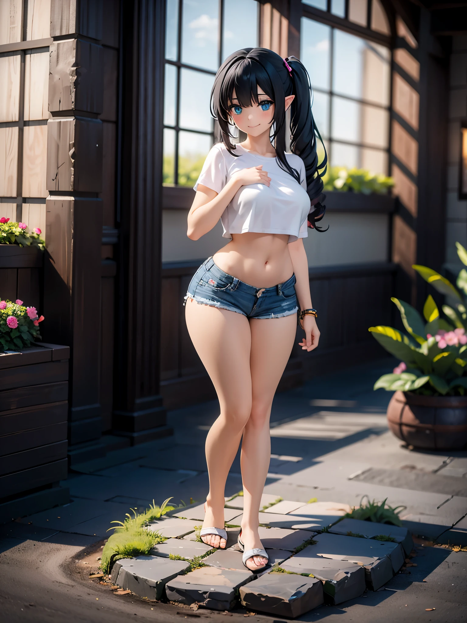 detailed image, realistic image, 1 elf, she has black hair, very long hair combed in two pigtails, turquoise eyes, smiling happily. blushing, She has a curvy body, medium breasts. She is dressed in a loose top, showing her belly button, casual mini shorts. She is posing inside a stone path, surrounded by flowers, full body view, cold environment, ambient light, volumetric light,