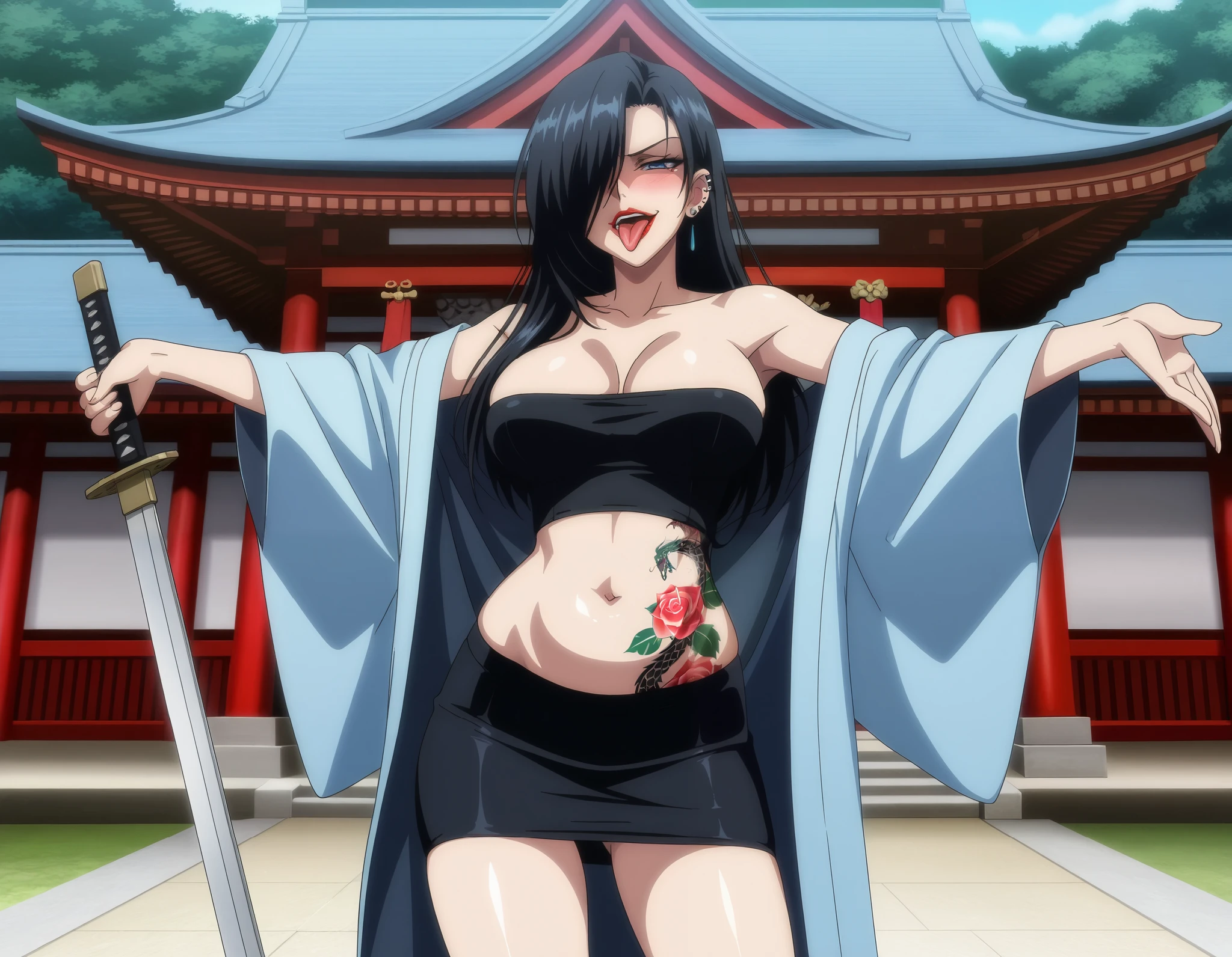 tsukinoexp, black hair, hair over one eye, blue eyes,  long hair, blue eyes, long hair, earrings, red lips, large breasts, ear piercing, long hair, blush, lipstick,Hot girl, baddie, smoking, sensual, attractive , masterpiece, best quality, highly detailed, a  girl in kimono dress ,holding sword, bare
shoulder,open kimono, evil smile, open mouth, crop top , (nsfw) not safe for work, smile, ecchi anime
style, , ecchi style, e, official artwork, visual novel cg,
beautiful  girl,, kimono pencil skirt, exposed belly, exposed navel,
exposed midriff, exposed lower belly, outdoor, japanese architecture, temple,, dragon tattoo, tattoo midriff, rose tattoo, open arms sideway, arms T-pose, smirk, standing, anime girl T posing, , tongue out,