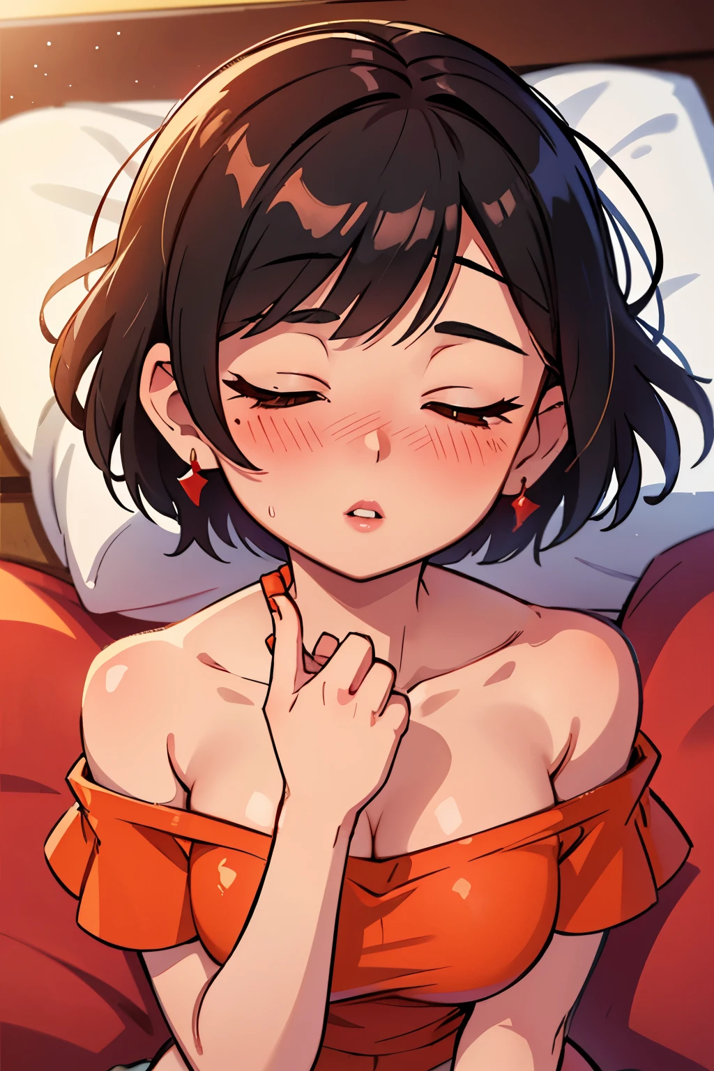 Amazing portrait of a sexy and cute girl with a short bob hairstyle and a seductive gaze who is blushing intensely with parted lips and is desperate and flustered and lustful wearing an off shoulder orange t shirt showcasing her bare shoulder while lying on bed