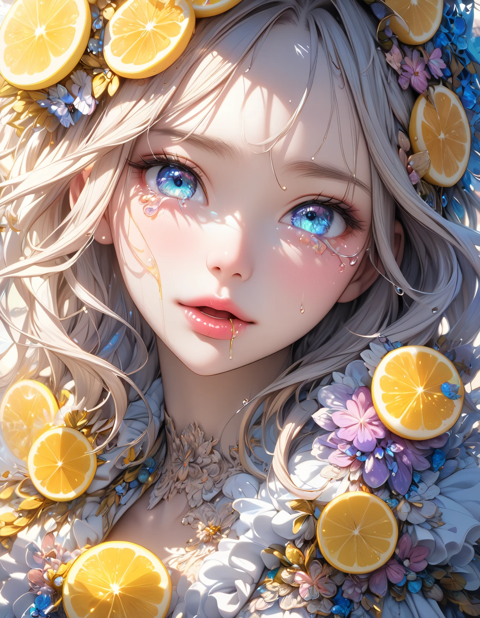 absurderes, ultra-detailliert,bright colour,(8K:1.3),masuter piece,extremely beautiful detailed face and eyes, 25 years old,lemons、Yellow skin、Opening Mouth、Summer morning、Guibli、Valley、blue-sky
