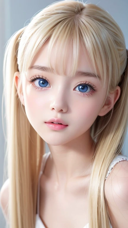  blonde twin tails are sexy ,  so her young face is so cute and her first 々 so innocent and beautiful 、Very beautiful, shiny white skin、 bangs that fall over the eyes、Beautiful, disheveled bangs between eyes、 very beautiful and beautiful shining super bright white bright sky blue big eyes、Very big eyes、Small Face Beauty、 beautiful super long shiny silky straight blonde fluttering hair 、 petite ,  very beautiful and cute girl 、Gloss Face、 cheek gloss highlights 、White skin、