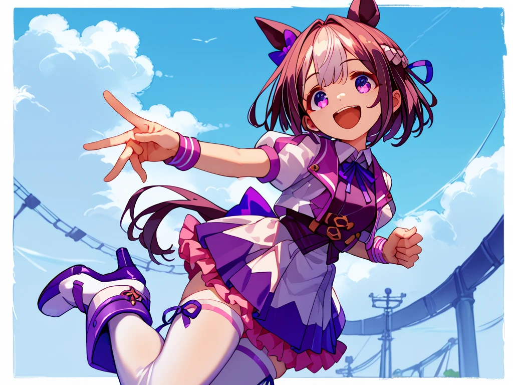 best quality, absurdres, masterpiece, 
special week \(Uma Musume\), 
smiling, making a V sign, ear bow, purple bow, puffy short sleeves, neck ribbon, blue ribbon, cropped jacket, white jacket, two-tone jacket, collared shirt, white shirt, purple vest, wristband, wrist cuffs, white skirt, pleated skirt, two-tone skirt, frilled skirt, frills,  zettai ryouiki, white thighhighs, white footwear, purple footwear, asymmetrical footwear, mismatched footwear, high heels, laughing, flushed, making a heart with hands