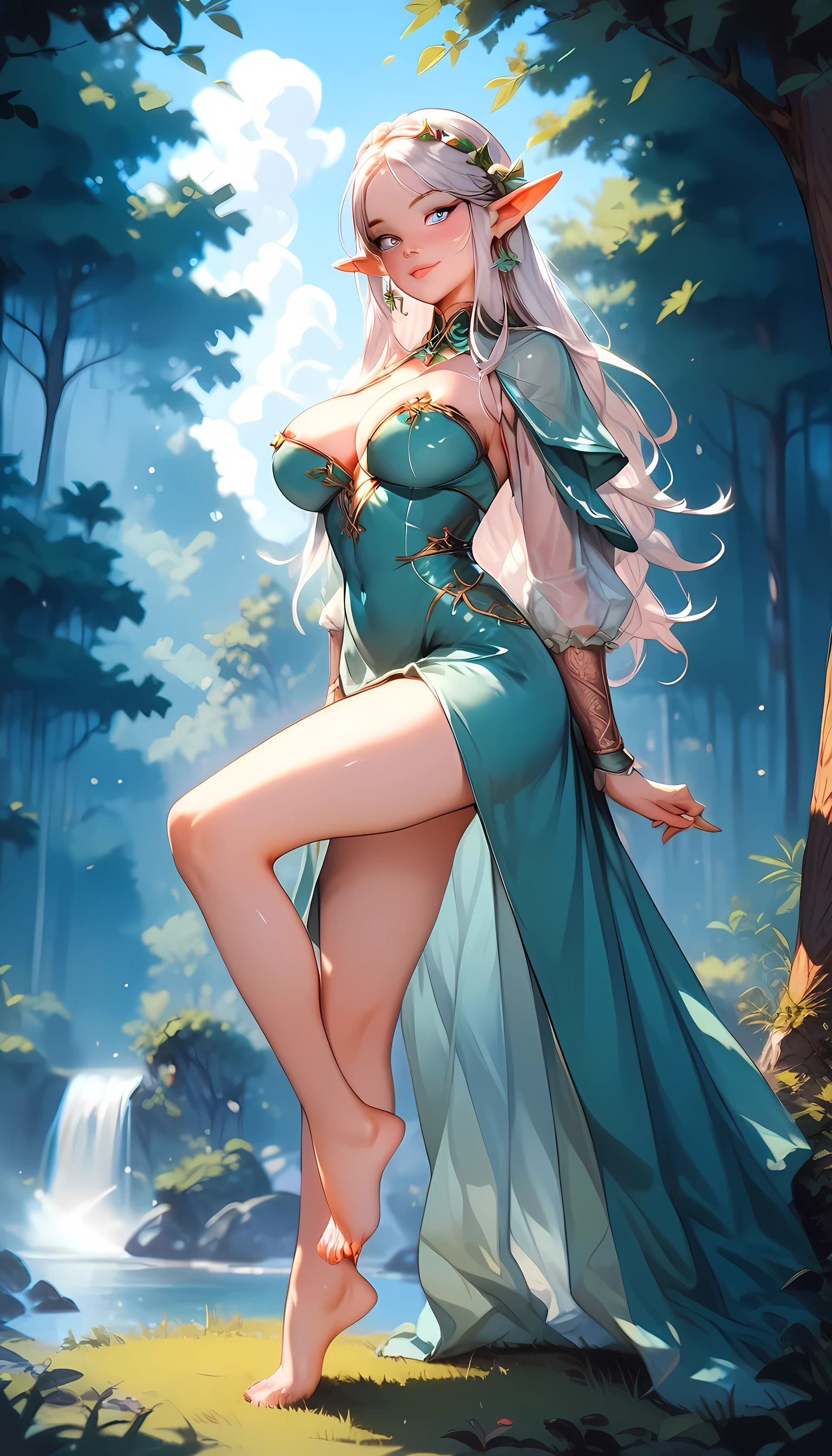 ******.feminine gender. long white hair.  Blue Eyes.  bulky body .  big breasts .  Elf archer outfit . barefoot. drawings on the legs . in a forest.  A magnificent landscape.