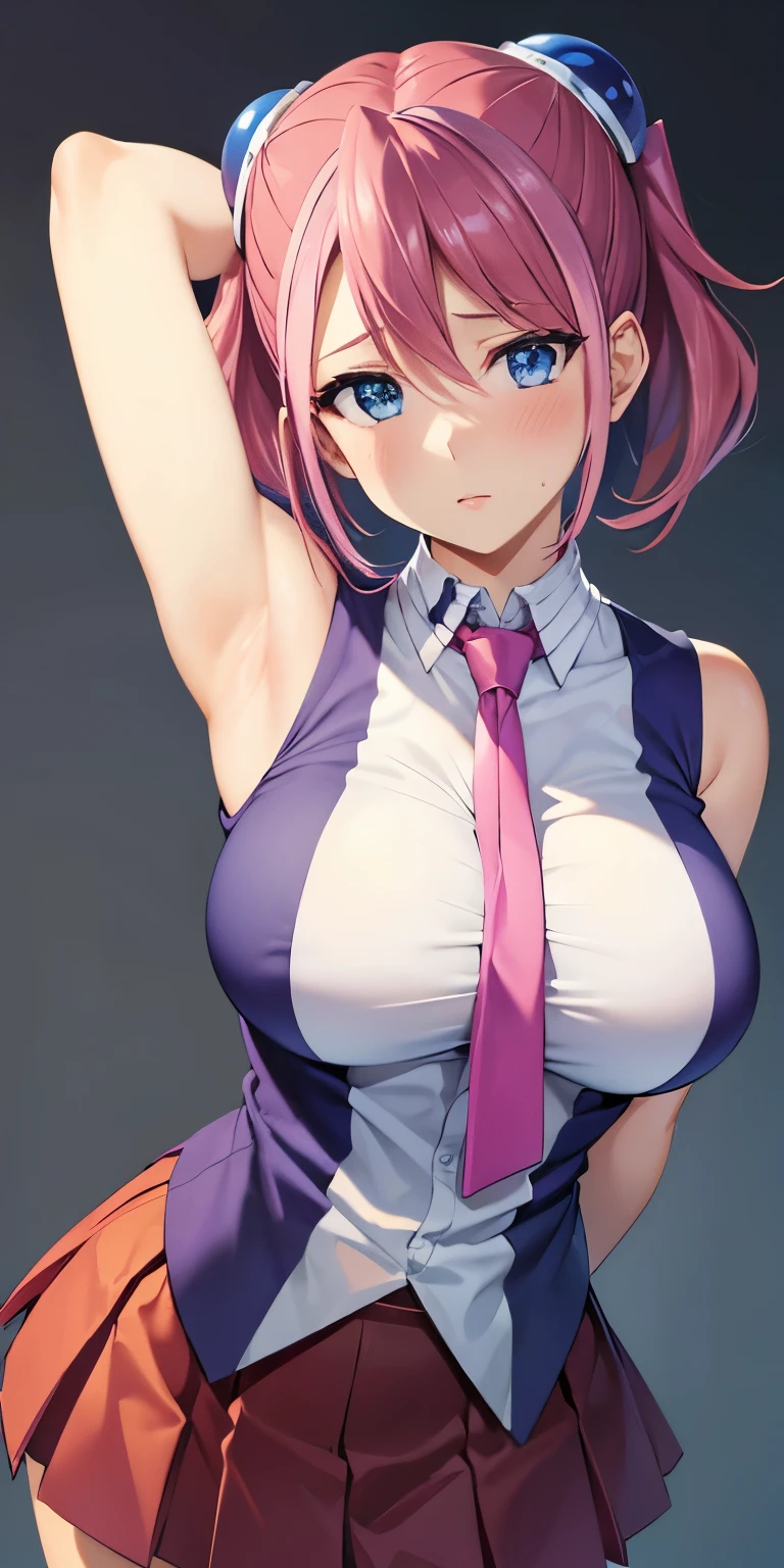 1 Female,High definition,high resolution,Ultra-realistic,8K, hy1, hair ornament, multicolored hair, blue eyes,necktie,pink skirt,tight skirt, miniskirt ,sleeveless, jewelry, large breasts,European,sexy,Upper body close-up,Photographed from the front,Dynamic Angles,(blush), (medium tits) ,(arms behind head)