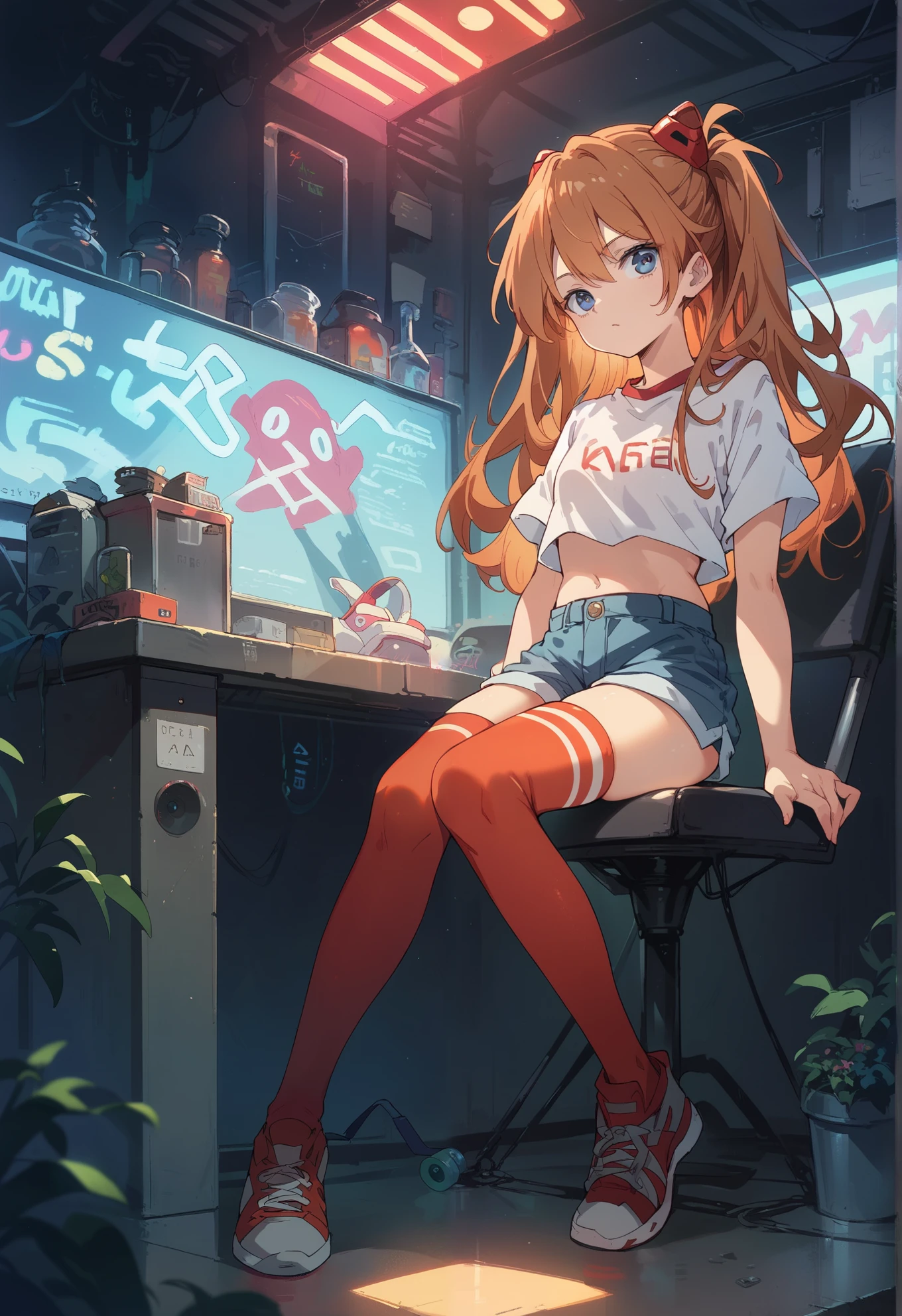 score_9, score_8_up, score_7_up, solo, young Asuka Langley Soryu, stoic, red thigh highs, crop top, shorts, sitting in a chair, underground research facility, lots of high tech equipment, neon lights,
