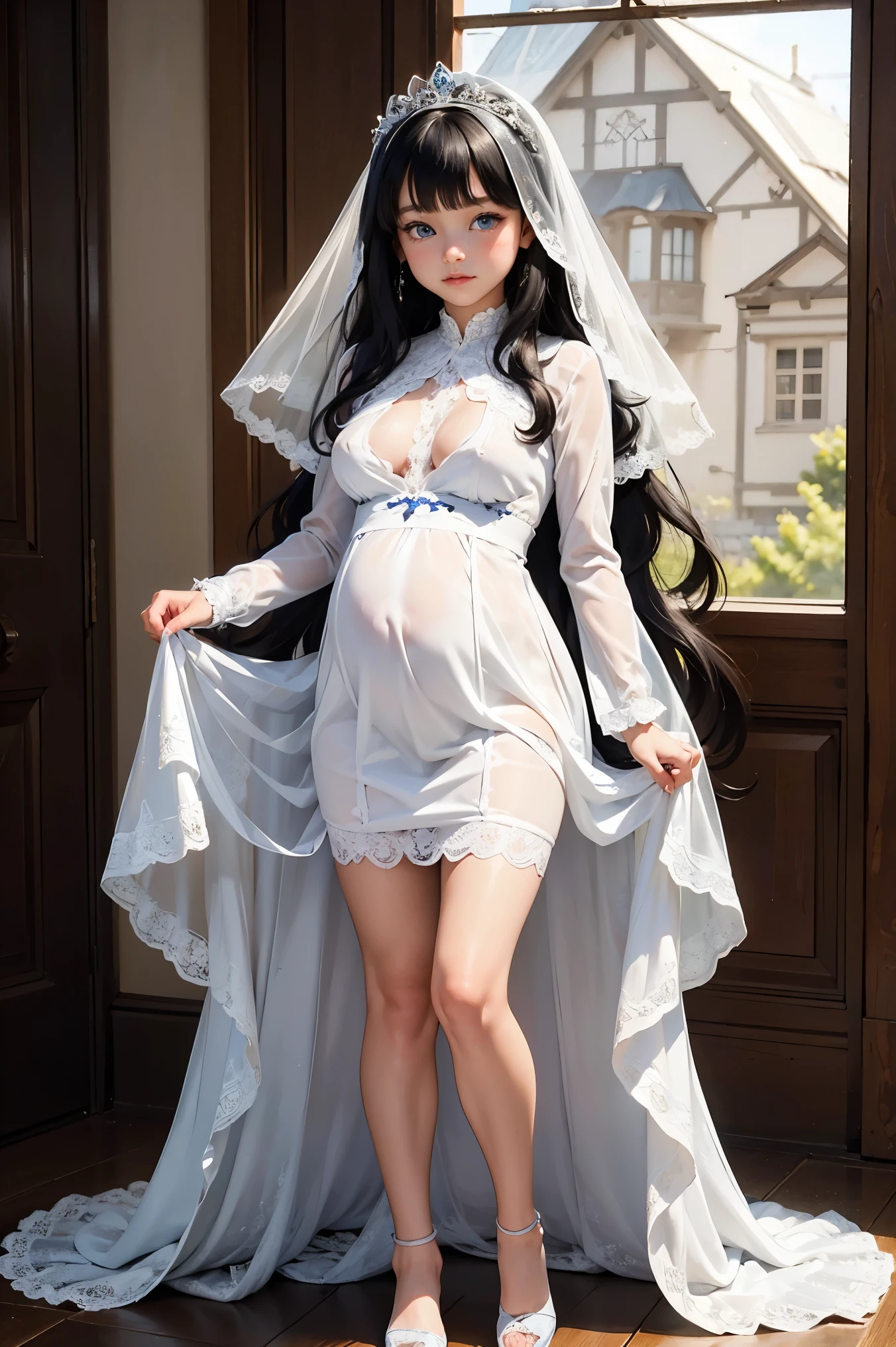 masterpiece, intricately detailed full body shot picture of wavy, long hair, black haired pregnant princess with blunt bangs, blue eyes, gigantic breasts, wearing white lace translucent long sleeves wedding dress, sapphire jewelry, with bridal veil and micro skirt