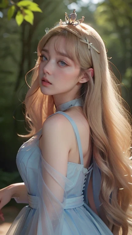 Aurora, the graceful and kind-hearted princess from Sleeping Beauty, has long, flowing blonde hair that cascades in soft waves around her shoulders, often adorned with a delicate crown. Her fair skin is complemented by gentle, serene features and bright blue eyes. She is dressed in her iconic pink or blue gown, with puffed sleeves and a high collar, the gown flowing elegantly around her as she moves. Aurora's presence exudes innocence and purity, with a soft, dream-like aura. She can be depicted in a forest setting, surrounded by woodland creatures, or within a castle, with sunlight filtering through the trees, creating a magical and peaceful atmosphere.