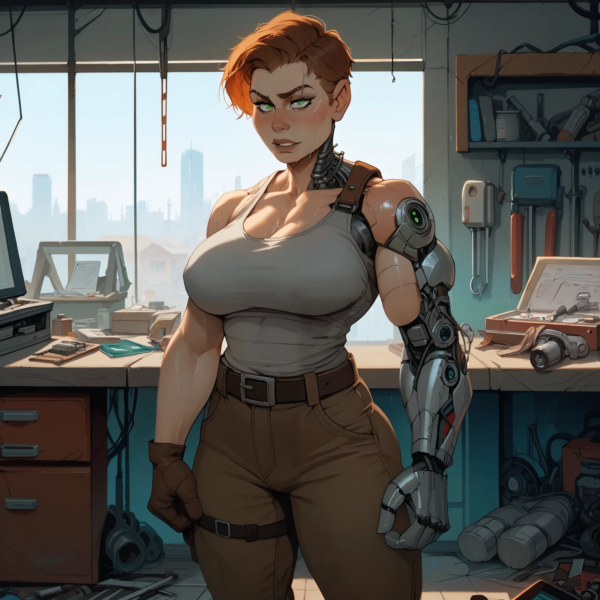 Young woman, short hair, tomboy, athletic, buff, big arms, chunky, green eyes, large breasts, wide hips, muscular, gray tank top, sweaty, baggy cargo trousers, tool belt, brown leather gloves, workshop, mechanic, robot workshop, (incase:0.35), cracked arm, damaged neck, cyborg