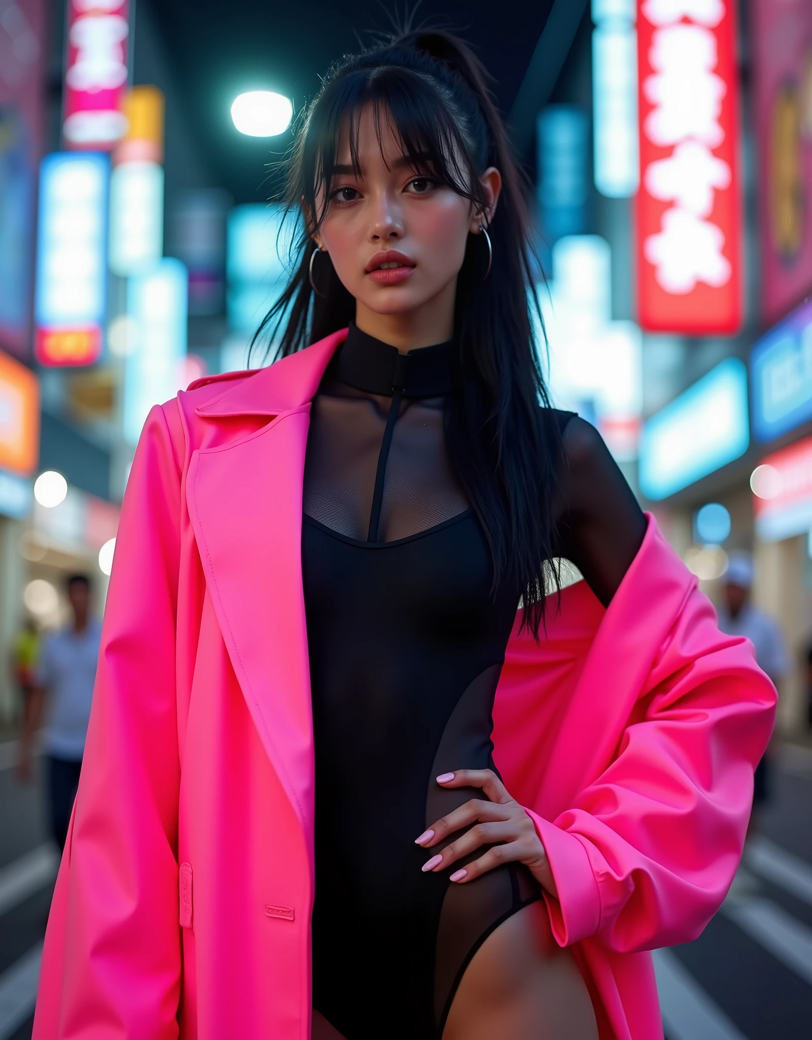 (Neon Lights, at crowd night street, 1 girl, small breasts, naked Neon yellow satin bathrobe, belly button, sneakers, medium black hair, straight hair, hair down, Spread legs, squatting:1.5), fair-skinned, glossy lips, skinny, body type, delicate and sexy clavicle, highest quality, RAW photo, realistic, face, incredibly ridiculous beautiful girl, cute, Depth of bounds written, High resolution, ultra detail, detailed, Very detailed, extremely detailed eye and face, sharp pupils, sharp focus