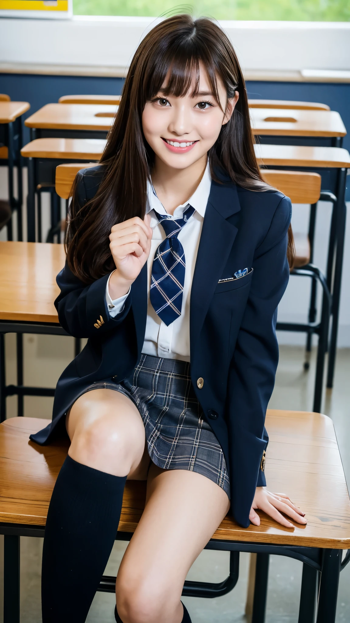 (Highest quality, 4K, 8k, High resolution, masterpiece, Genuine, Realistic, Realistic:1.3), (upper body), Girl sitting on the school desk in classroom, blue neckerchief Uniform, Dark Blown Blazer, blown plaid skirt, Gal Makeup, wearing oversize dark sweater amd white collared shirts, dark black pantyhose, ((straight long hair)), Gold Bracelets, 19-year-old, bangs, grin,Thighs, knees, From below, pinching skirt:0.7, black long socks, open legs:0.8,,