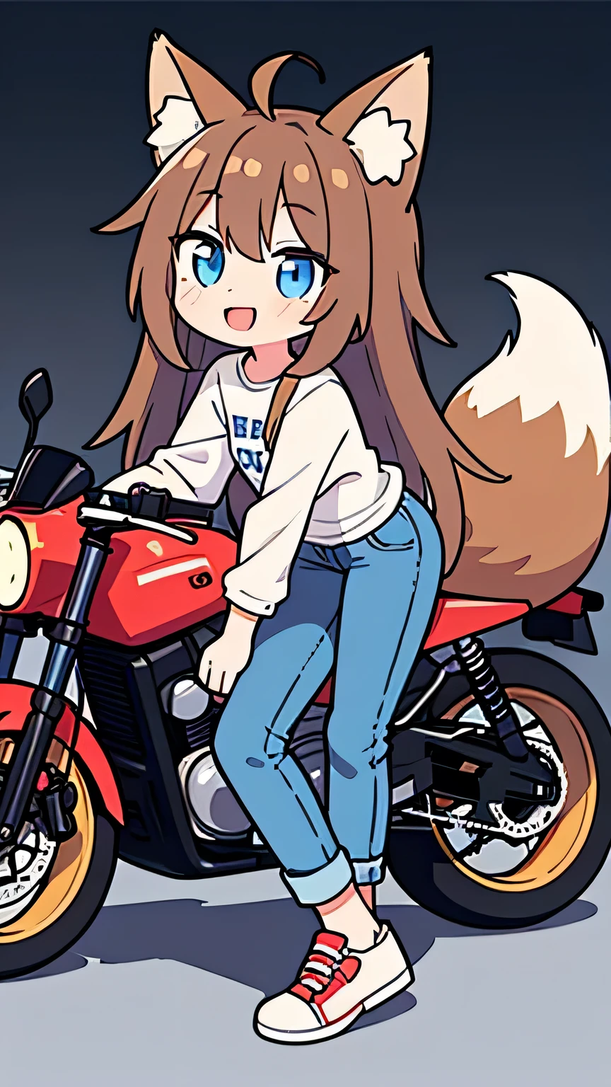 girl, jackal, furry, bodyfur, tail, collar, topless, jeans, long pants, glove, boots, chibi, sparkling eyes, sunglasses, big breasts, riding motorcycle