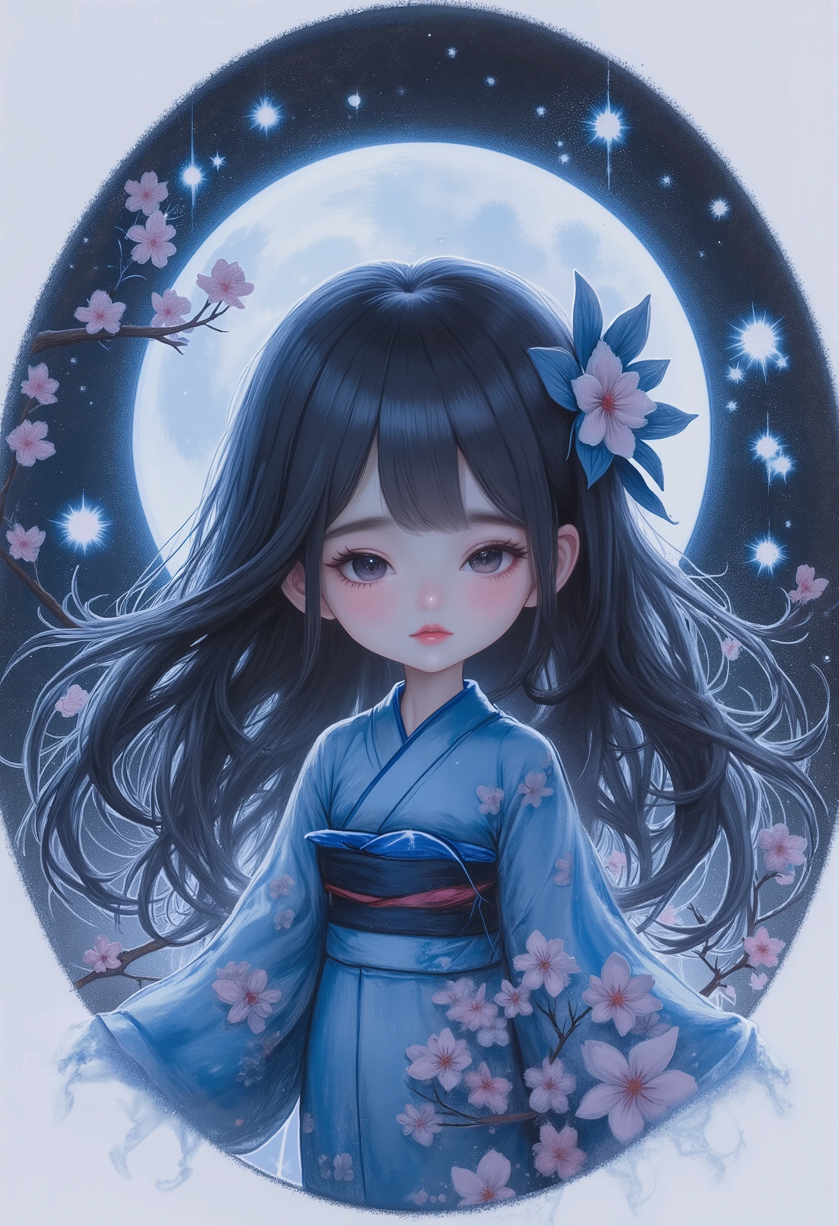 Surrealism,Charcoal Drawing,best quality,highly detailed,1girl,chibi,trk,wearing blue kimono,sakura flower patterns,flower hair ornament, floating hair,calm expression,night sky background,full moon,round frame,cherry blossoms,soft lighting,romantic atmosphere,intricate design