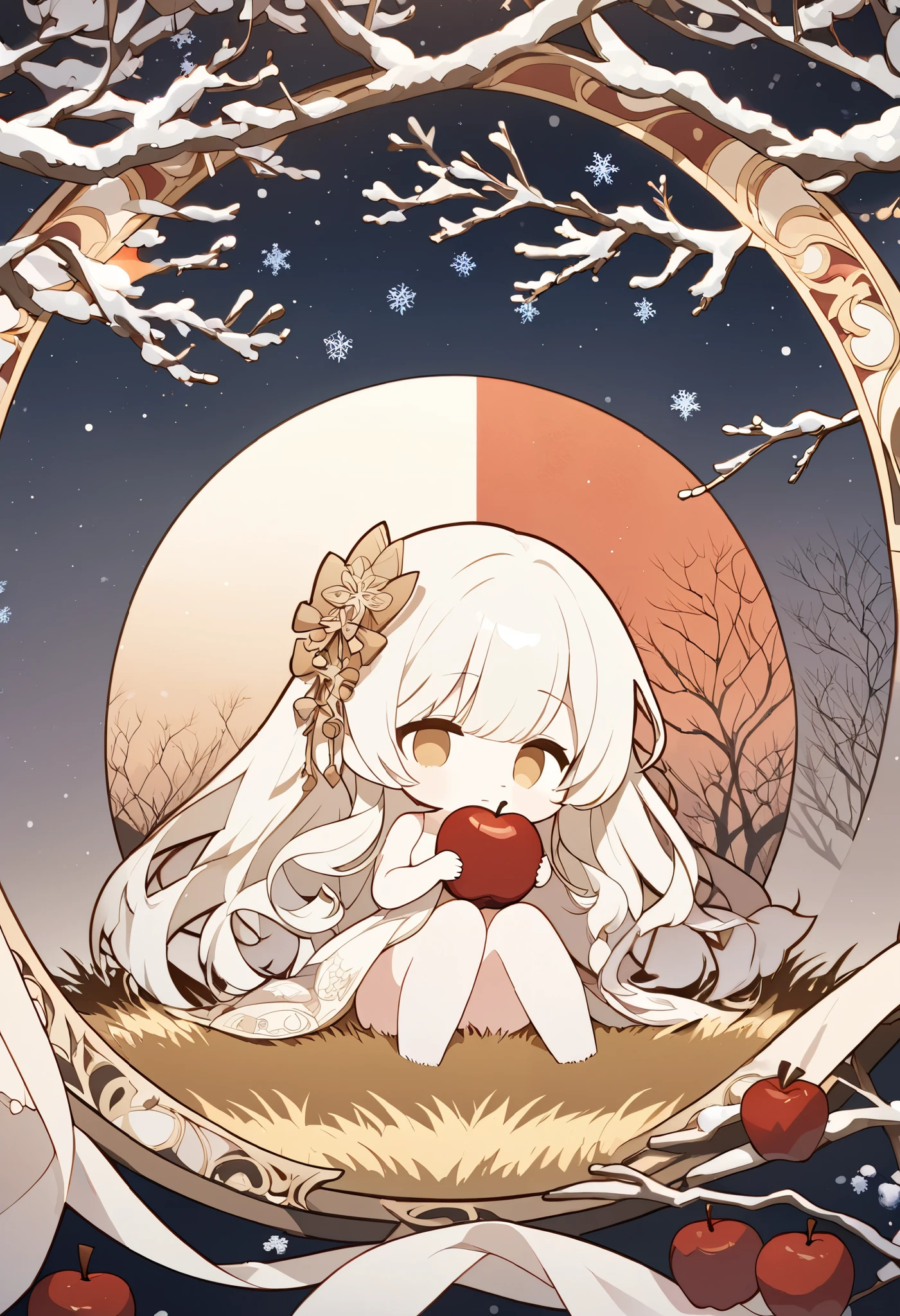 Art_Nouveau, Minimalism, high detail, drkgirl,chibi, sitting pose, bare body, oversized bow, melancholic expression, ethereal tree, barren branches, red apple, abstract circle frame, soft snowflakes, warm golden glow, delicate grass, surreal winter atmosphere, white negative space
