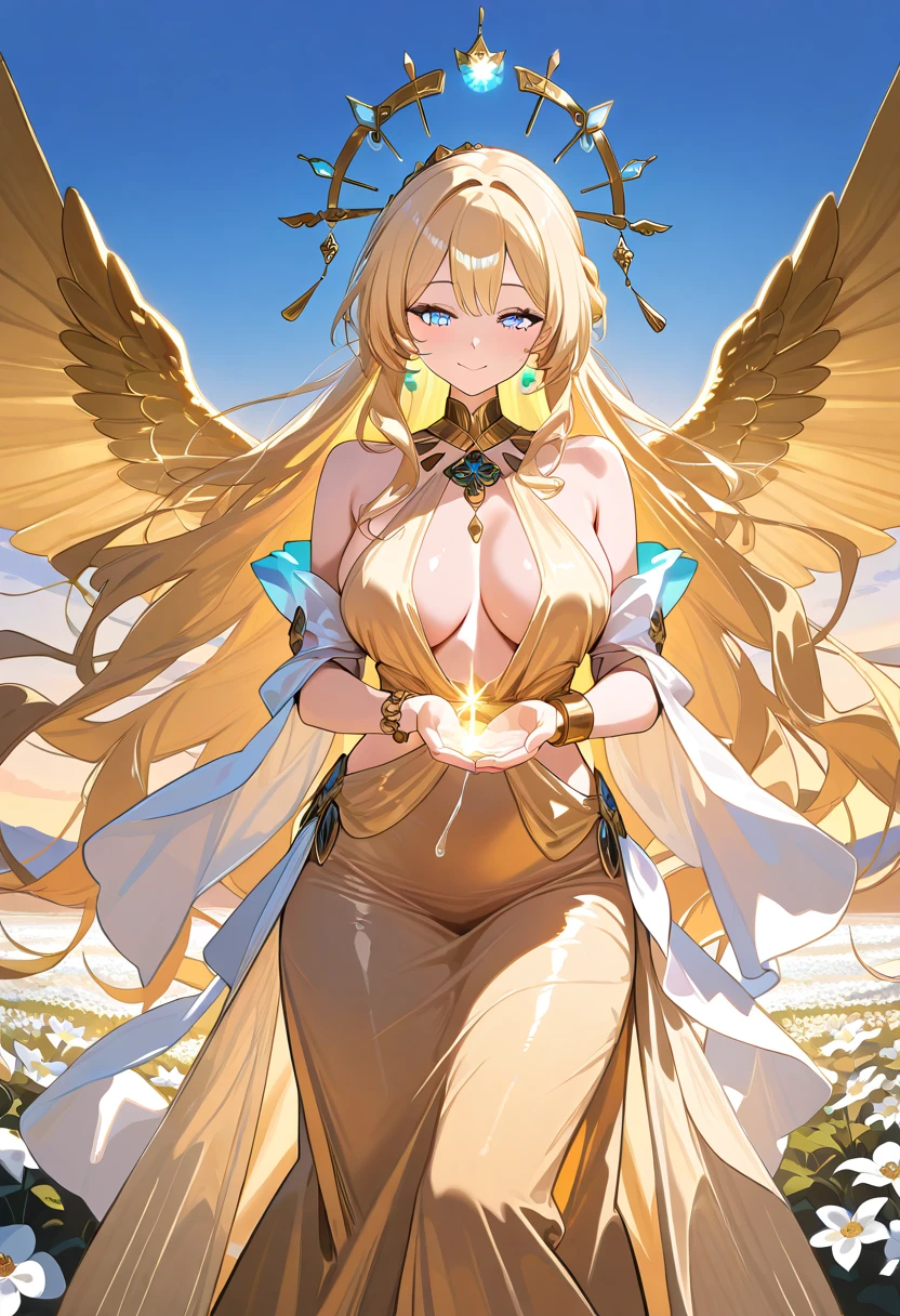 score_9,score_8_up,score_7_up,1girl, large golden wings, bare_shoulders, gold jewelry,bangles, long dress, bracelet,skirt, gold navel,midriffe, large breasts shiny blonde hair, very long hair, loose flowing gold silk chiffon gown, dawn, blue sky, highly detailed, long lashes, shimmering, cute smile, closed mouth, cute face, serene, heavenly, detailed face, (glowing blue eyes:1.2), perfect eyes, mature female, ((white flowers:1.2)), (crown:1.2), perfect anatomy, masterpiece,best quality, amazing quality,very aesthetic,absurdres,newest, (negative_v2 Color_Balance_Calibration:0.8), (SuperQuality:1.0) ~ (SuperQuality:1.2)