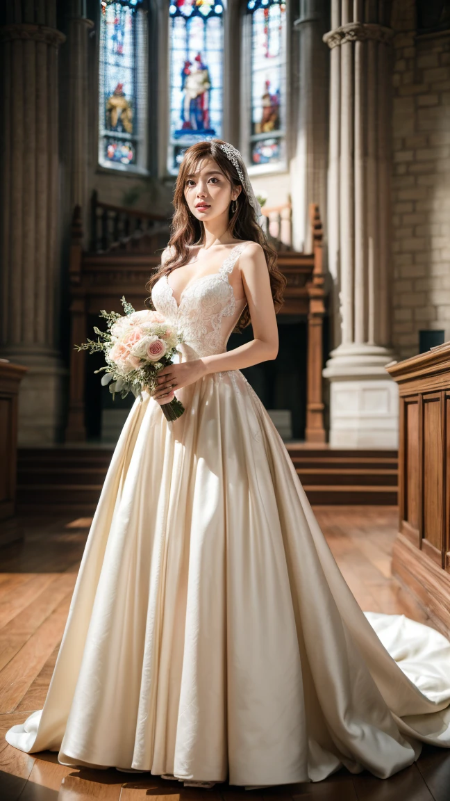 (​masterpiece, best quality:1.5), highest quality, High resolution, super detailed, Realists, Upper body photo of a brunette young magical girl, detailed and beautiful eyes, beautiful detailed lips, very detailed eyes and face, longeyelashes, white satin wedding dress, Holding a magic wand in your hand, Cast a transformation spell, With her magic wand she turns apples into a wedding cake, Glowing wands available,Beautiful and colorful makeup, elegant and noble々The jewelry bag, Gardens as background, soft daylight, bright colors, fine brushstrokes, Portrait style, Silk dress fabric, beautiful color palette, glowing skin, First-class rendering, that captures every detail, enchanting atmosphere, subtle shadows and lights, (perfect anatomy:1.2), (The stunning magical girl in a wedding dress turns apples into a wedding cake. Beautiful wedding cake on a table (a transformation with the magic wand:1.4), (magnificent panorama view:1.2)