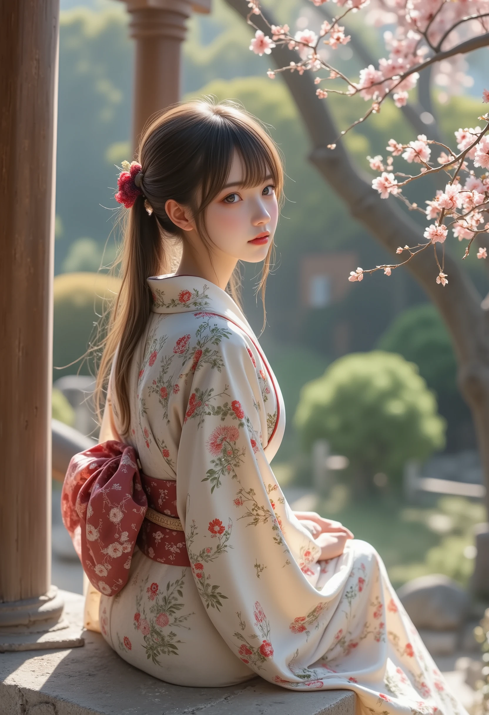 Impressionism style,Pointillism,soft dotted textures,muted pastel tones,1girl,ARW,dreamy shrine maiden,long flowing hair,twin tails with subtle highlights,traditional kimono with hand-painted floral designs,peaceful sitting pose,serene garden setting,delicate cherry blossoms gently falling,wooden torii gate,tranquil and timeless atmosphere