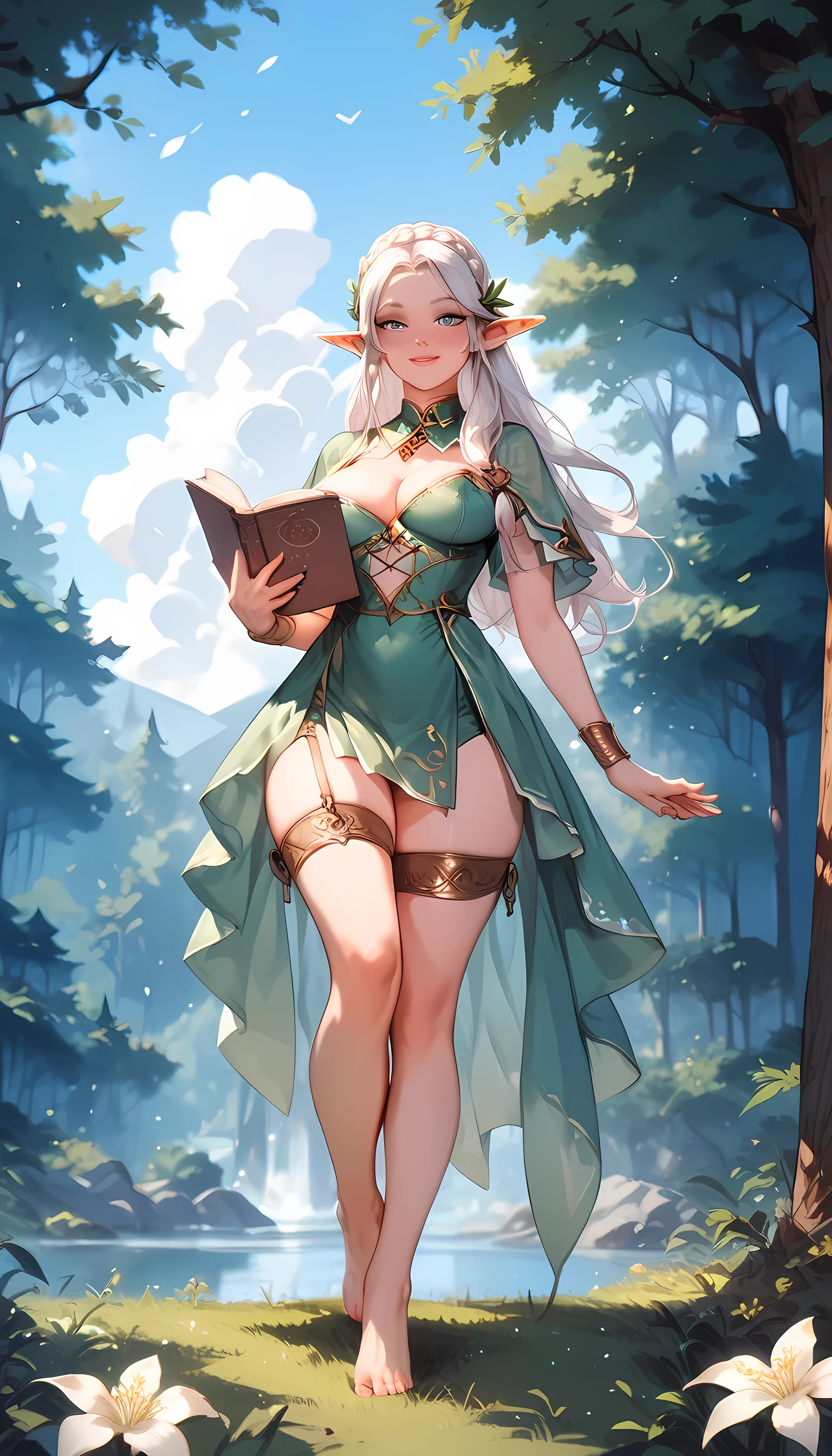 .feminine gender. long white hair.  Blue Eyes.  bulky body .  big breasts .  Elf archer outfit . barefoot. drawings on the legs . in a forest.  A magnificent landscape.