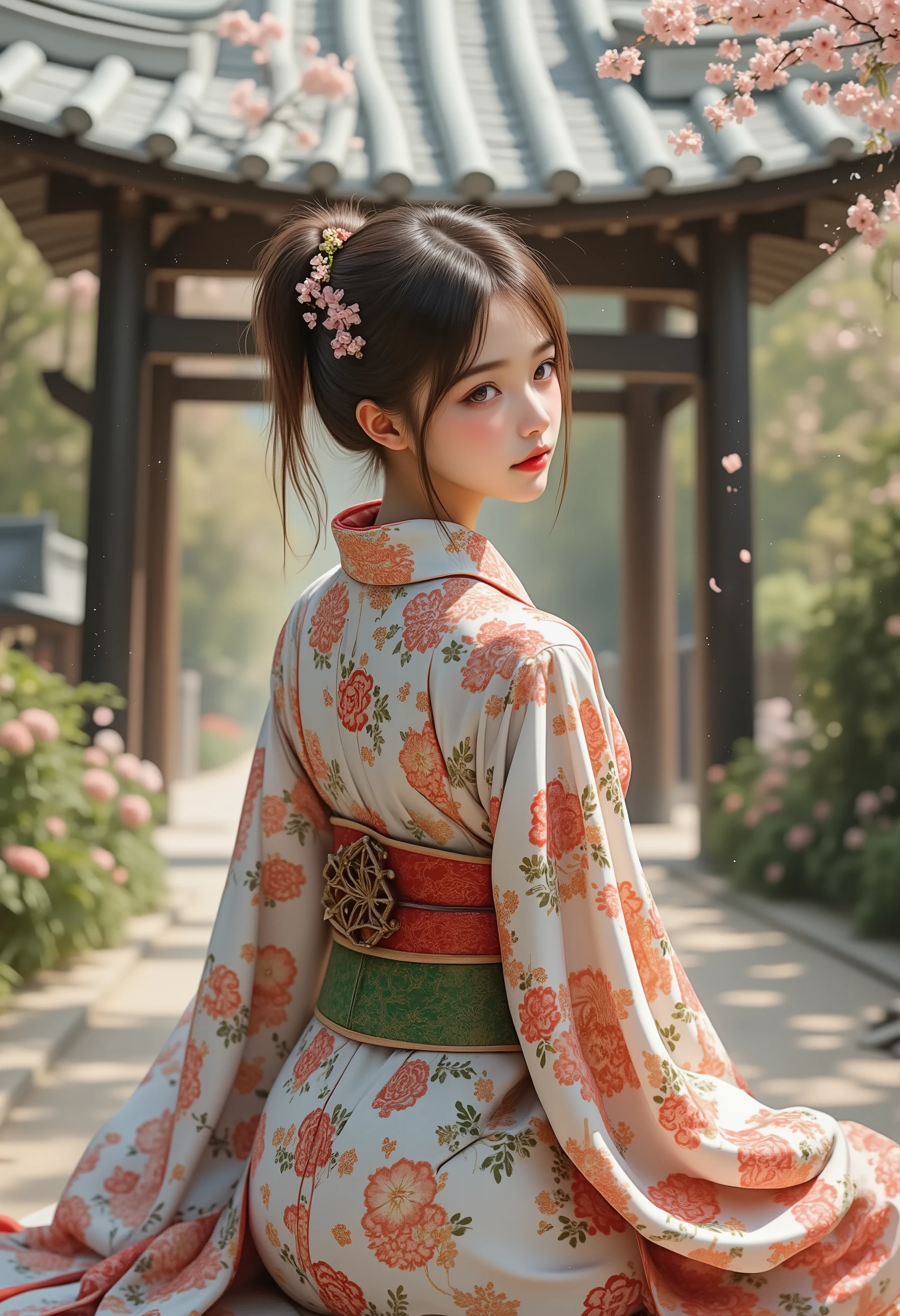 Impressionism style,Pointillism,soft dotted textures,muted pastel tones,1girl,ARW,dreamy shrine maiden,long flowing hair,twin tails with subtle highlights,traditional kimono with hand-painted floral designs,peaceful sitting pose,serene garden setting,delicate cherry blossoms gently falling,wooden torii gate,tranquil and timeless atmosphere