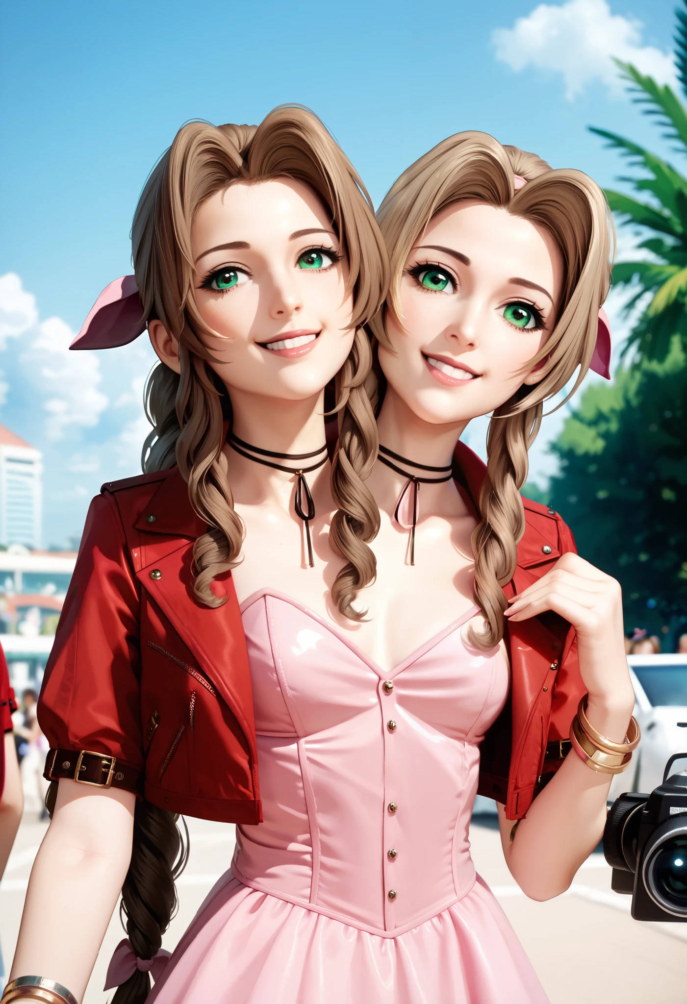 (masterpiece, best quality), best resolution, two heads, 1girl, aerith gainsborough cosplay, defaerith, choker, cropped jacket, hair bow, bracelet, pink dress, smiling for camera, outside convention center