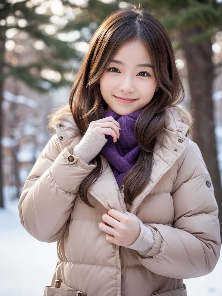 (Winter date ), ((Natural fashion style clothing for very cold days:1.2)), (( down jacket :1.2)), View the viewers, Japanese female university student, ( one woman:1.2),  she's so beautiful ,  pubic skin,  perfect face,  cute and symmetrical face with water up to the chest,  light brown hair ,  medium hair,  wave hair,  hair gathered together in purple fabric, makeup, Beautiful Hair,  beautiful face,  Beautiful Attention to Details,  Beautiful Fingers , (In a snowy park),  stretch, (Cute smile), ( realistic ,  Real As Pictured:1.4),  very detailed,  shallow depth of field ,  perfect anatomy, Perfect limbs, Perfect hands,  perfect eyes,  Perfect Body , smile,  double eyelids , ( natural side lighting , Cinema Lighting),