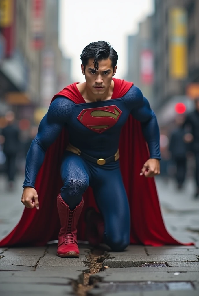 superman knee down on the ground one leg after landing.superman skinny and slim asian teenage fit.I want superman has slim thin young teenage body.Asia handsome man with classic superman suit knee one leg down. superman landing very hard on the ground. superman look angry.
