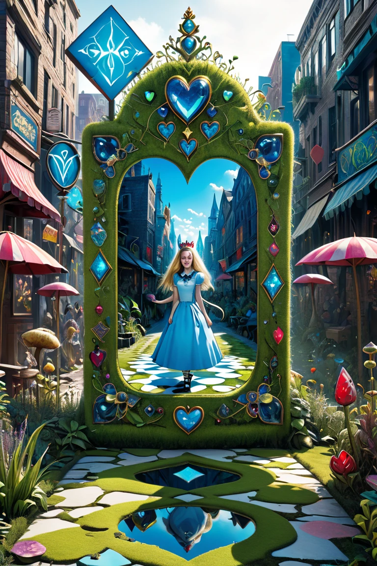  Alice in Wonderland,Moss and Stone Art 、Hallucinatory Art 、 dmt Death of Ego 、 Psychedelic Horror 、 Highly Detailed Visionary Art 、 DMT Egodes 、 Shamanic Fears 、LSD art,light blue,city,Poisonous Plants , Poison and Disney Mix ,Full-length mirror,Queen of Hearts