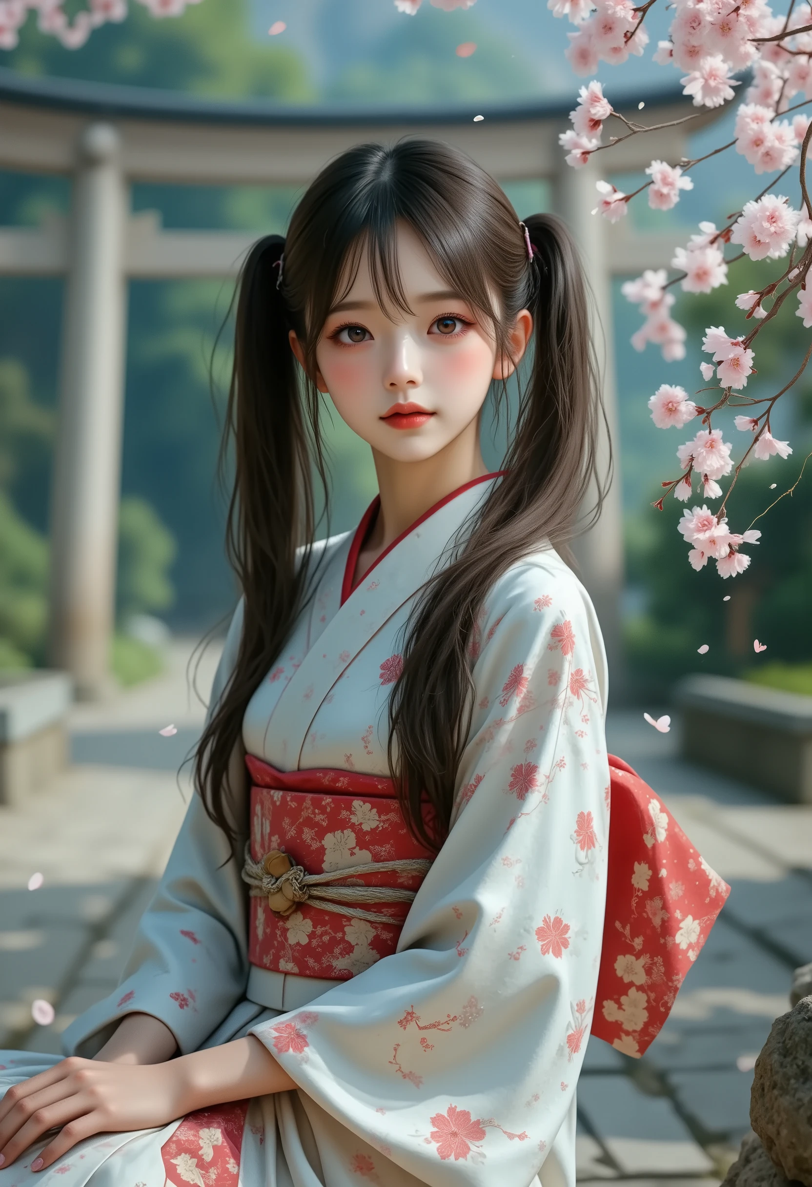 Impressionism style,Pointillism,soft dotted textures,muted pastel tones,1girl,ARW,dreamy shrine maiden,long flowing hair,twin tails with subtle highlights,traditional kimono with hand-painted floral designs,peaceful sitting pose,serene garden setting,delicate cherry blossoms gently falling,wooden torii gate,tranquil and timeless atmosphere