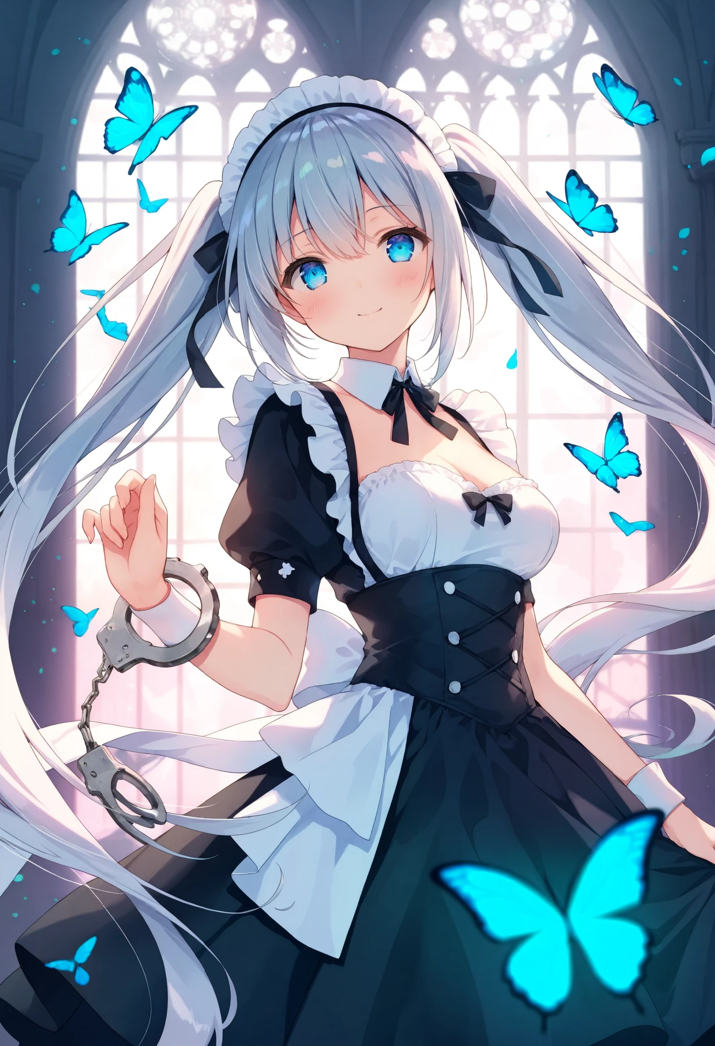 Surrealism, Negative_space, high detail, 1girl, long hair, silver hair, twin tails, blue eyes, elegant dress, maid outfit, handcuffs, frills, ribbons, futuristic metallic details, butterfly motifs, glowing light, ethereal atmosphere, pastel color palette, indoor cathedral, arched windows, surreal floating butterflies
