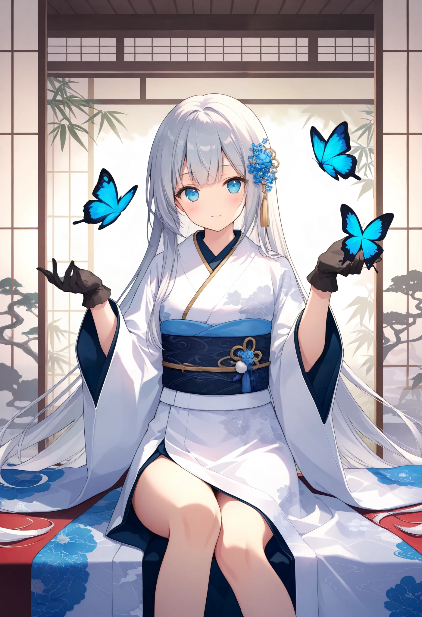 Orientalism, Negative_space, high detail, 1girl, long hair, silver hair, blue eyes, intricate hair ornaments, gloves, butterfly motifs, elegant kimono-inspired outfit, flowing fabric, thigh-high slits, soft light, traditional Asian interior, bamboo shadows, shoji screens, serene atmosphere, delicate color gradient, subtle reflections, peaceful pose
