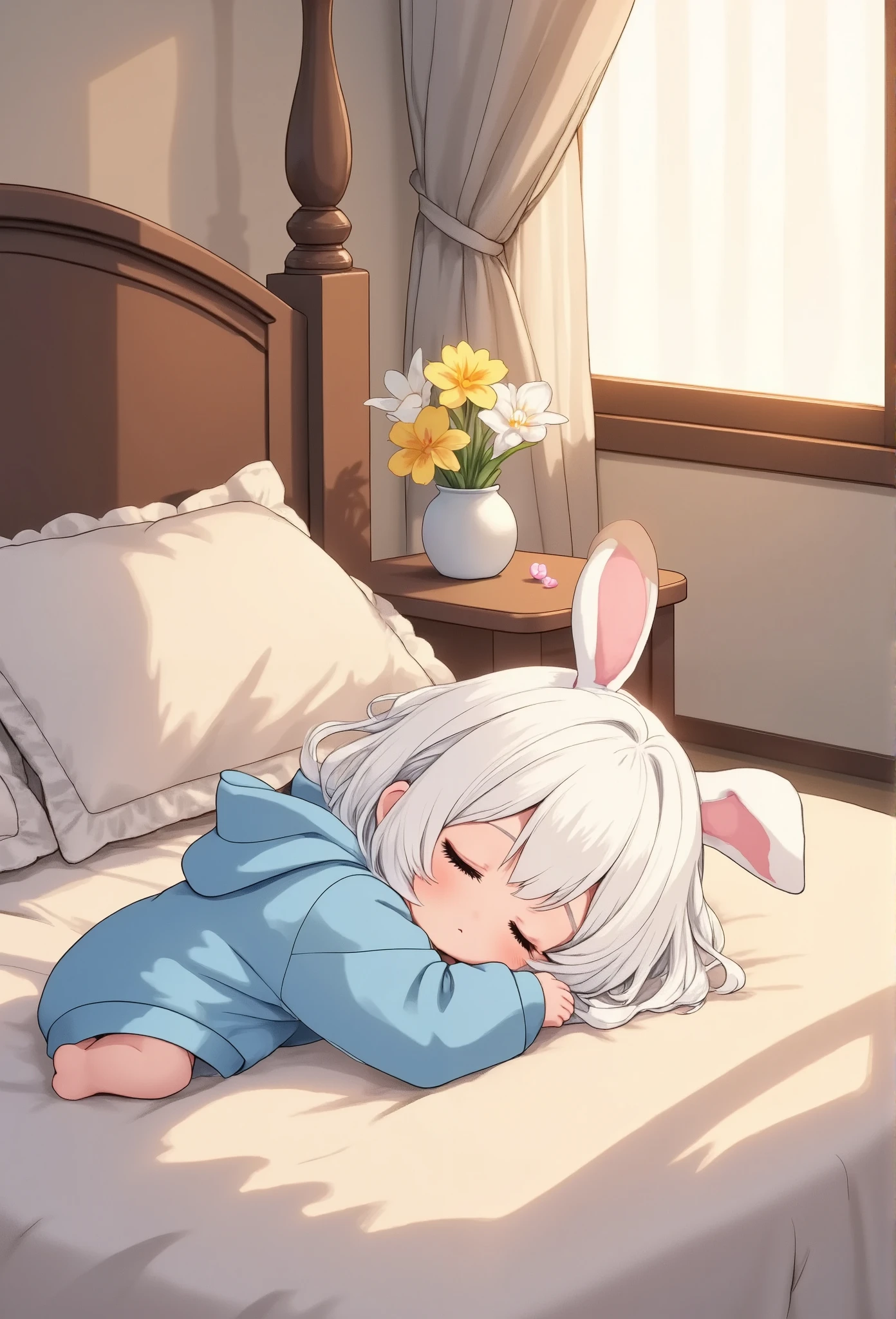 cute illustration style,1girl,chibi,trk,sleeping, face down, Soft cheeks, Face turned sideways,dreamy hotel rooms