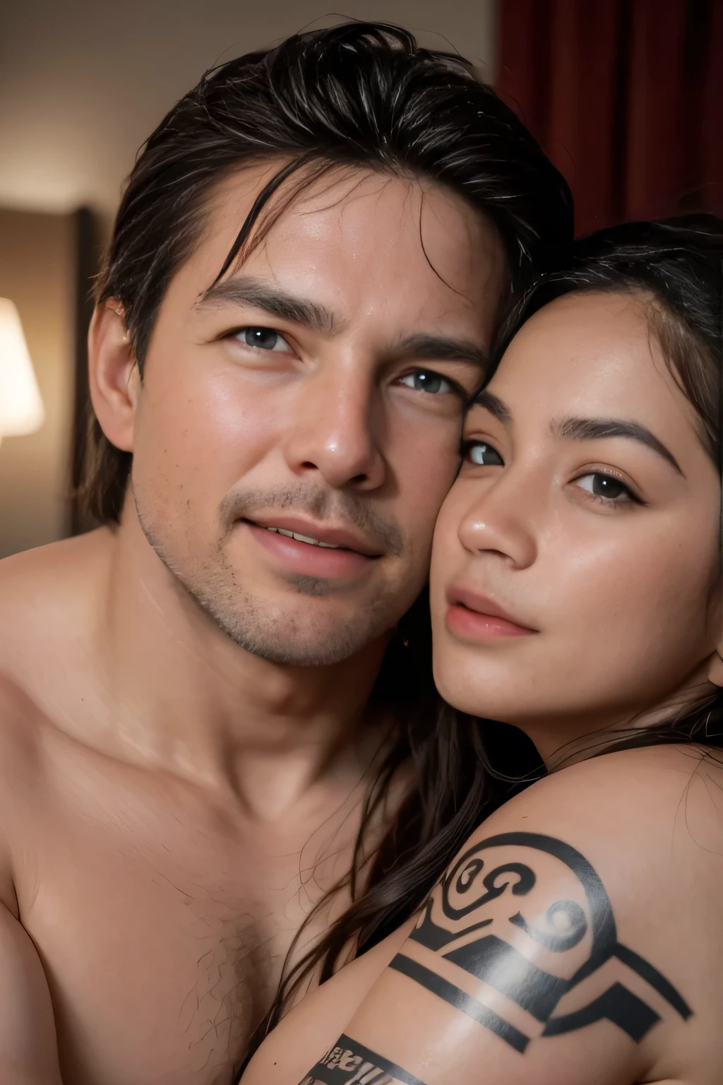 An old man(Tom Cruise) and a young woman(Hesti Purwadinata), age difference, age difference, giant size, 50 year old man, long white beard, smiley face, hairy body, naked, exposed dick  , hugging, kissing, sexy young girl 18, naked, exposed pussy, long black hairstyle, face flushed with embarrassment, sexual position, kissing, a black-haired old man, a girl  young girl, in bed, detailed face, realistic, realistic, big breasts, (woman body tattoos).