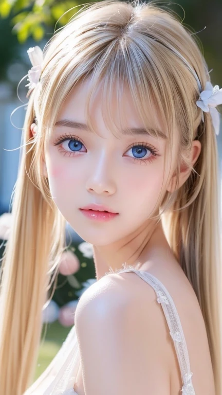  blonde twin tails are sexy ,  so her young face is so cute and her first 々 so innocent and beautiful 、Very beautiful, shiny white skin、 bangs that fall over the eyes、Beautiful, disheveled bangs between eyes、 very beautiful and beautiful shining super bright white bright sky blue big eyes、Very big eyes、Small Face Beauty、 beautiful super long shiny silky straight blonde fluttering hair 、 petite ,  very beautiful and cute girl 、Gloss Face、 cheek gloss highlights 、White skin、