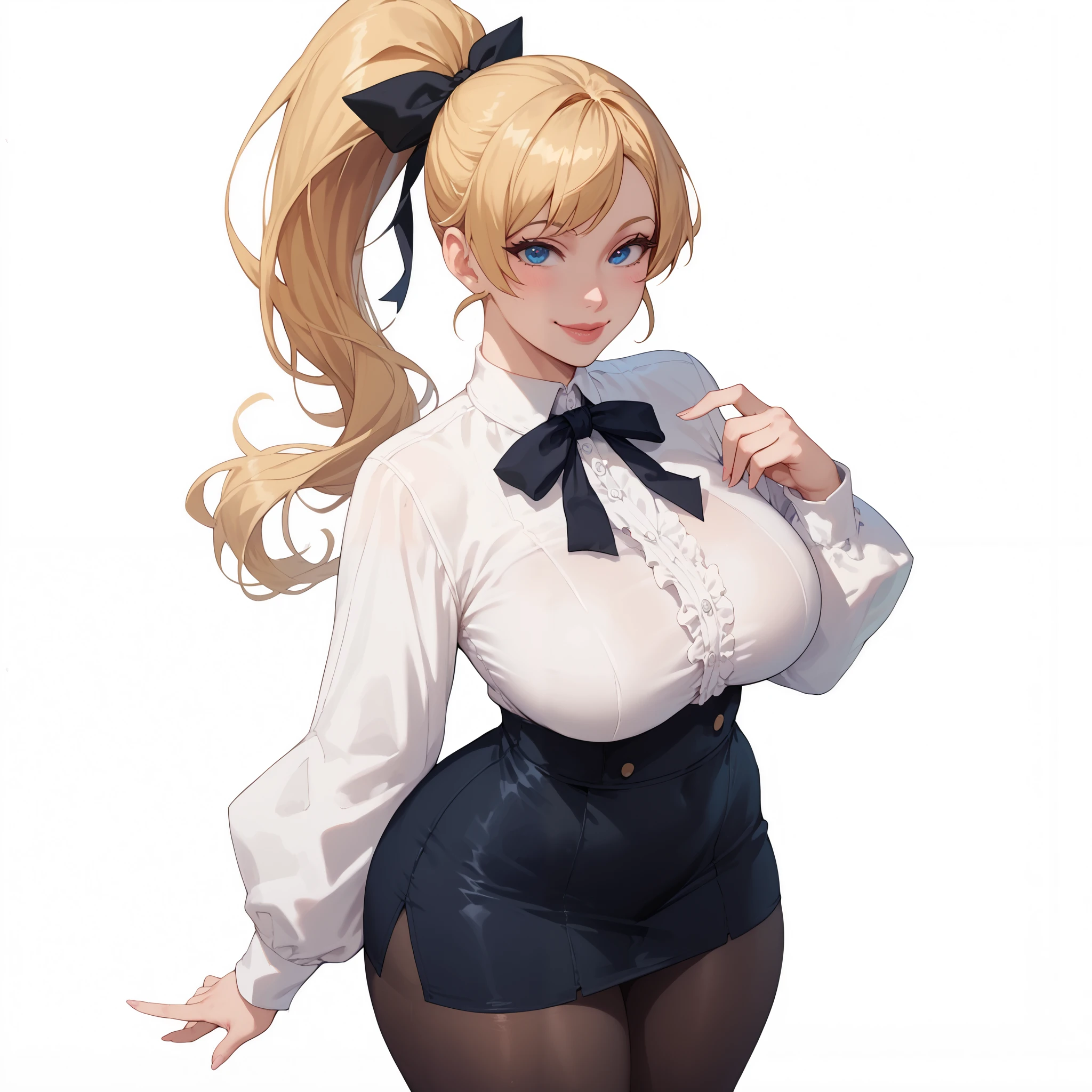 1woman, solo, long blonde hair in a ponytail, blue eyes, big breasts, wide hips, thick thighs, full lips, white long sleeve blouse, black plain skirt, black ribbon, black pantyhose, blushed, smile, cute, standing, looking at viewer, simple background, from the front view 