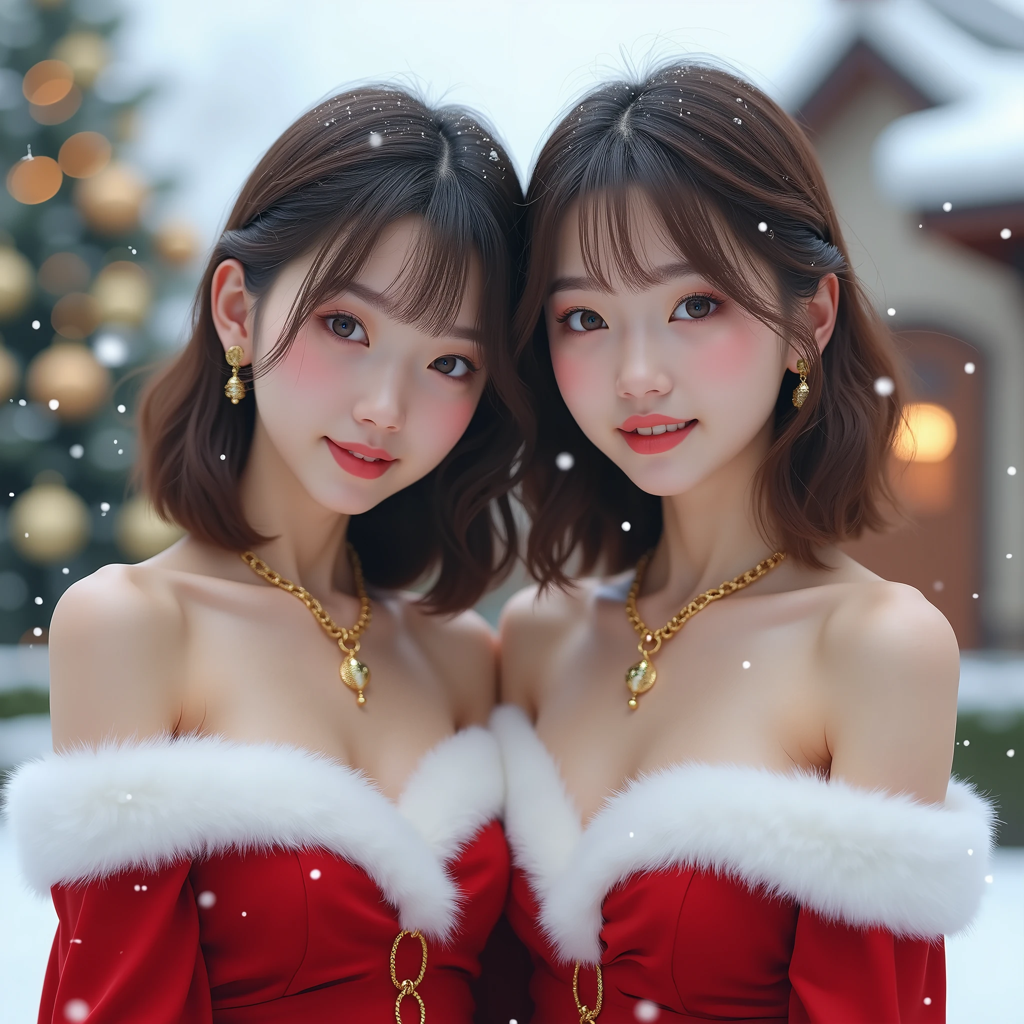 (((Gorgeous Christmas illuminations on street trees:1.3))),christmas tree night lighting,(((Wallpaper of two women enjoying Santa Claus cosplay and cute reindeer cosplay:1.3))),a miniskirt,(The white part of the costume looks like fluffy snow,The red part is made of luxurious velvet material.).off shoulder with sleeves,(Emphasis on large breasts:1.3),(Short hair with shiny silver and orange stripes,Ponytail twisted buns adorned with elaborate braids and beads,Braided Setup Fishbone Hair,),(Bangs are see-through bangs),with round face,An attractive woman with a natural smile and charming expression,Transparent skin,(The 8k quality,masutepiece,top-quality,Ultra-high resolution output image,),(Highly detailed raw photos:1.3),(Image Mode Ultra HD),