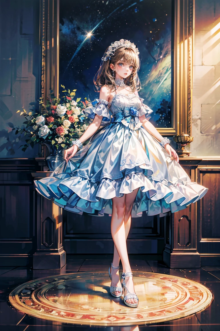 Full-body view, magazine cover-style shot, 8K resolution, high detail, around 20 years old, (one female), medium-length hair, brown hair, light blue eyes, lolita-style outfit, translucent fabric accents, light blue gemstone embellishments, ((UHD, masterpiece, super detail, best quality, highres, 8k)), (detailed line art), perfect face, perfect body, perfect hands, perfect feet.