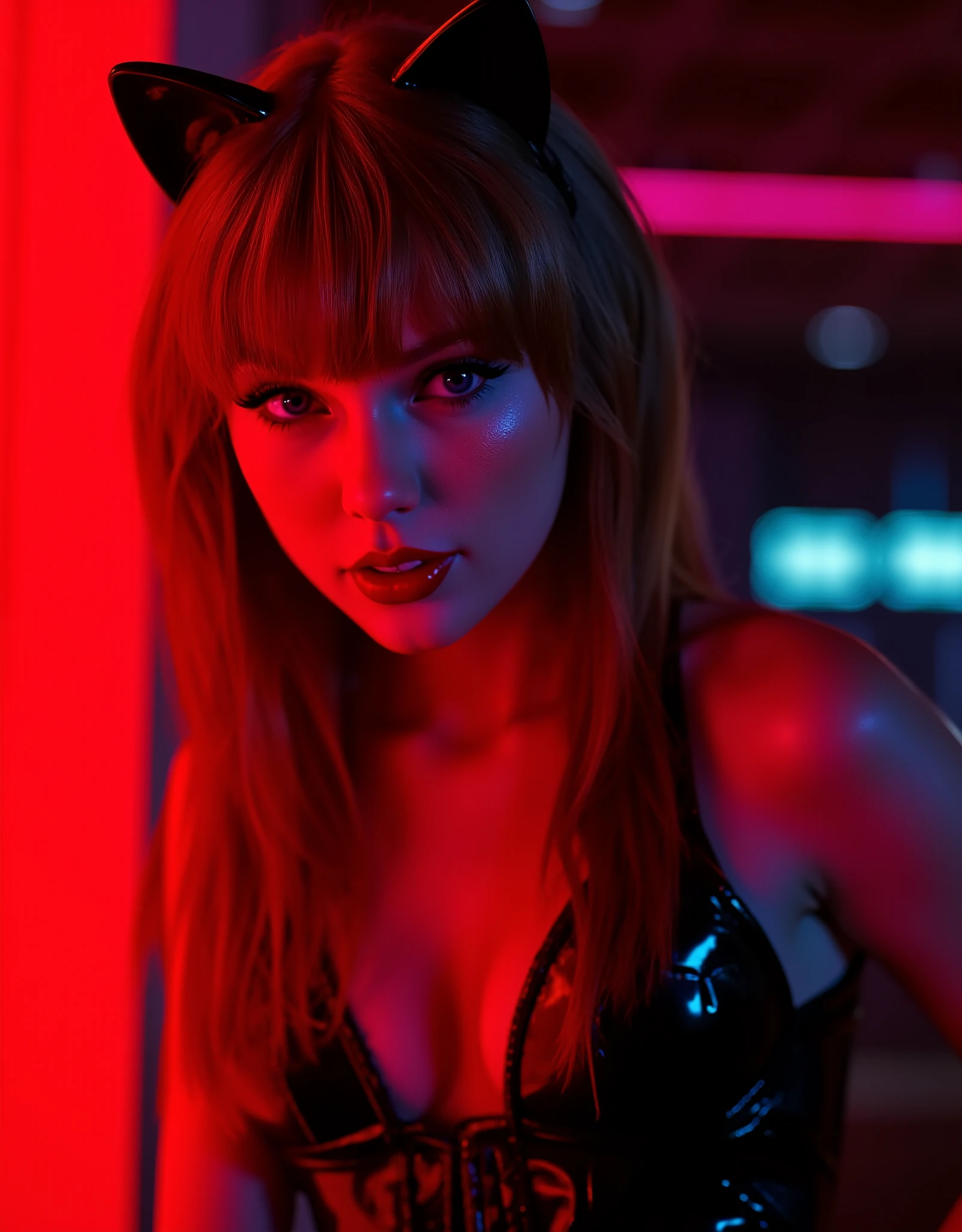 sexy latex catgirl, red lip gloss, beautiful detailed eyes, beautiful detailed lips, extremely detailed face, longeyelashes, cat ears, perfect proportions, leaning pose, dark red background, neon lighting, ray-traced, 8k, ultra-detailed, photorealistic, professional, vivid colors, cinematic lighting