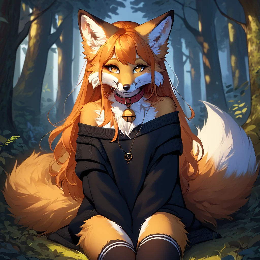 full body、Solo、unpralleled masterpiece、Detailed、 Beautiful、 score_9、 score_8_up、 score_7_up、moody atmosphere、mysterious、fox、anthro、furry、female、orange fur、(long hair、beautiful hair、orange hair、side swept hair、bangs)、yellow eyes、(fur tuft on chest、tuft of fur)、(digitigrade、claws、fox paws、exposed feet)、(heavily shaded orange body、dark black shading on body)、(sassy pose、sassy hips、sassy、flirtatious)、fluffy tail、(smile)、wearing (Black simple stylish long socks、non-transparent thigh highs、Black crop off shoulder sweater、Colored hair bow、Collar with gold bell)、in a forest、tree roots、an anthropomorphic fox holding a feral fox animal in arms、an anthropomorphic fox hugging a feral fox animal