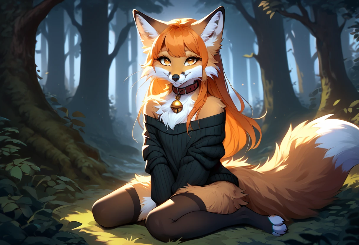 full body、Solo、unpralleled masterpiece、Detailed、 Beautiful、 score_9、 score_8_up、 score_7_up、moody atmosphere、mysterious、fox、anthro、furry、female、orange fur、(long hair、beautiful hair、orange hair、side swept hair、bangs)、yellow eyes、(fur tuft on chest、tuft of fur)、(digitigrade、claws、fox paws、exposed feet)、(heavily shaded orange body、dark black shading on body)、(sassy pose、sassy hips、sassy、flirtatious)、fluffy tail、(smile)、wearing (Black simple stylish long socks、non-transparent thigh highs、Black crop off shoulder sweater、Colored hair bow、Collar with gold bell)、in a forest、tree roots、an anthropomorphic fox holding a feral fox animal in arms、an anthropomorphic fox hugging a feral fox animal