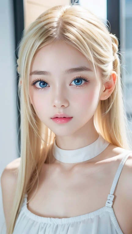 (((Race、Ruffles、Bikini、White background)))、forehead、Northern Europe、、beautiful girl、Platinum blonde hair、Long straight hair、Hit in the face and in front of the eyes、Big blue eyes、Pure white wet pajamas、Northern Europeの若者、Perfect body、White tendons、Radiant Skin、Young and beautiful skin、Perfect beautiful little face、Bright Makeup、Light pink lips、Bright expression、16 year old girl、Lipstick、Deceptive、Viewer&#39;Vision、Golden Hour Lighting、Bokeh atmosphere perspective、detailed、light、複雑なdetailed、high resolution、 フェイスデザインのdetailedな特徴、Attention to detail、Be focused、Smoothness、aesthetics、Print、octane、{{masterpiece}}