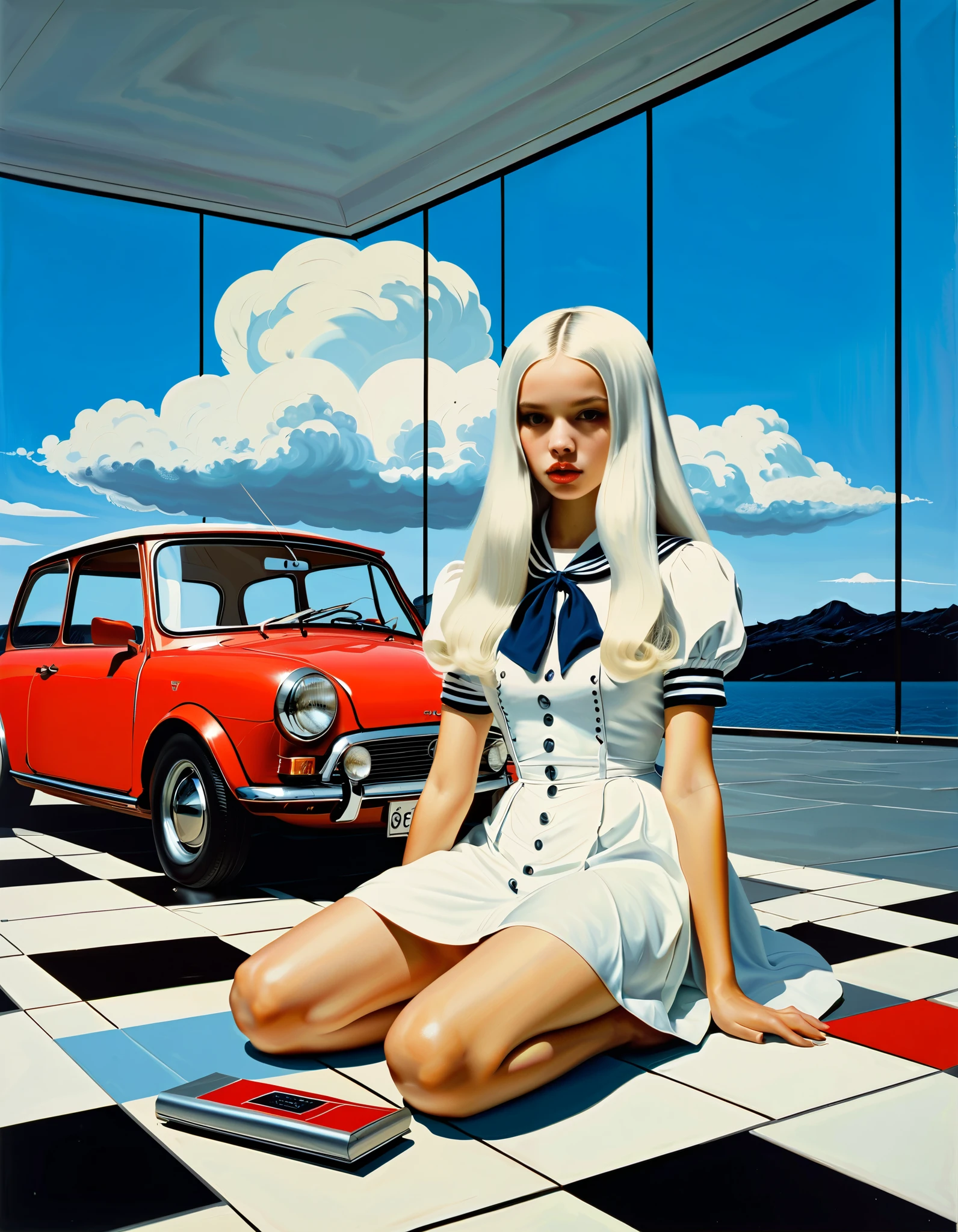 philip guston、Max Ernst, Andy Warhol 、 Lolita Girl in a Beautiful Sailor Suit、 long white hair when placed on the floor 、 Reflected in Glass 、 Surrealist Paintings 、 dress,cloud, girl、１９６０Period Manga 、Japanese, 1970s fashion illustration, avant-garde painting, in front of a mini electric car, ultra-realistic painting, Dead Piggy Bank , acrylic painting
