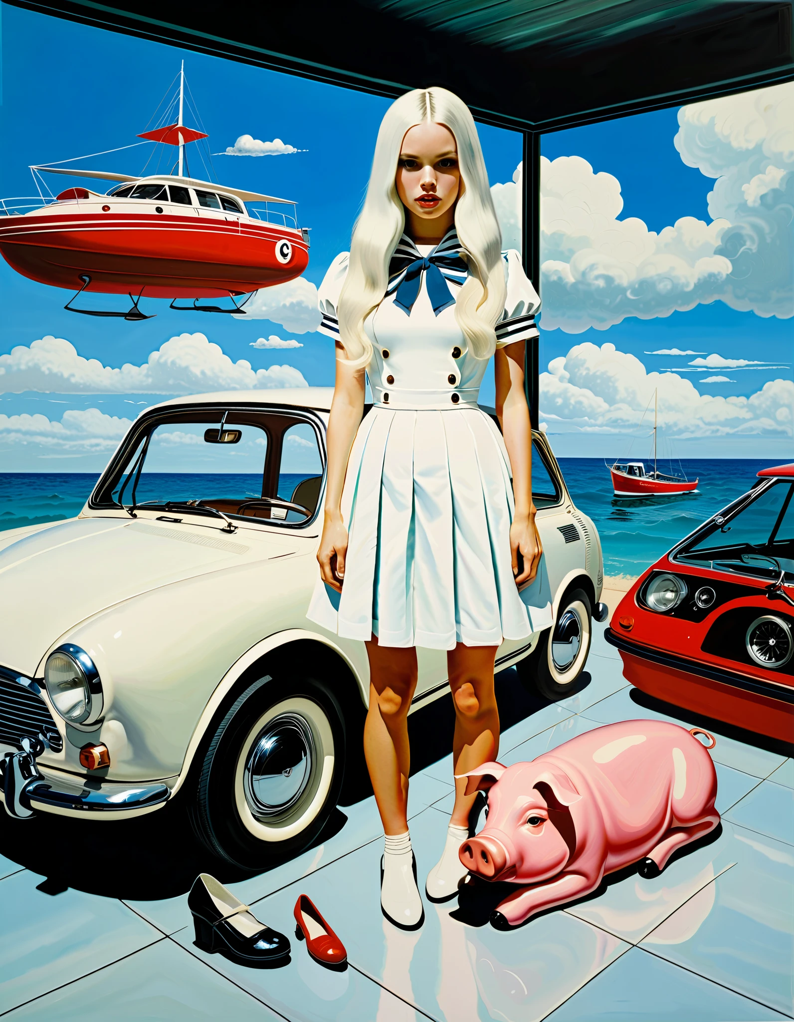 philip guston、Max Ernst, Andy Warhol 、 Lolita Girl in a Beautiful Sailor Suit、 long white hair when placed on the floor 、 Reflected in Glass 、 Surrealist Paintings 、 dress,cloud, girl、１９６０Period Manga 、Japanese, 1970s fashion illustration, avant-garde painting, in front of a mini electric car, ultra-realistic painting, Dead Piggy Bank , acrylic painting
