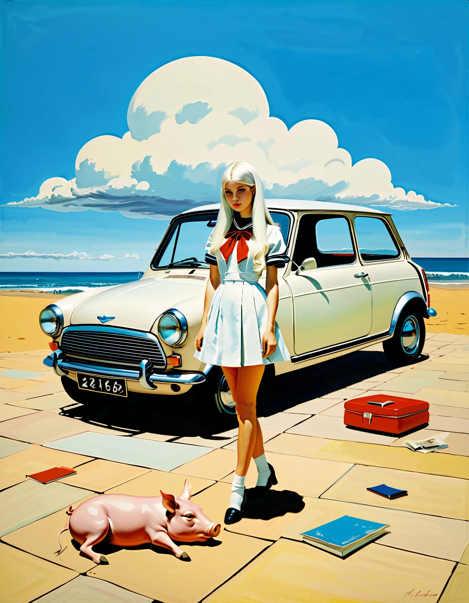 philip guston、Max Ernst, Andy Warhol 、 Lolita Girl in a Beautiful Sailor Suit、 long white hair when placed on the floor 、 Reflected in Glass 、 Surrealist Paintings 、 dress,cloud, girl、１９６０Period Manga 、Japanese, 1970s fashion illustration, avant-garde painting, in front of a mini electric car, ultra-realistic painting, Dead Piggy Bank , acrylic painting
