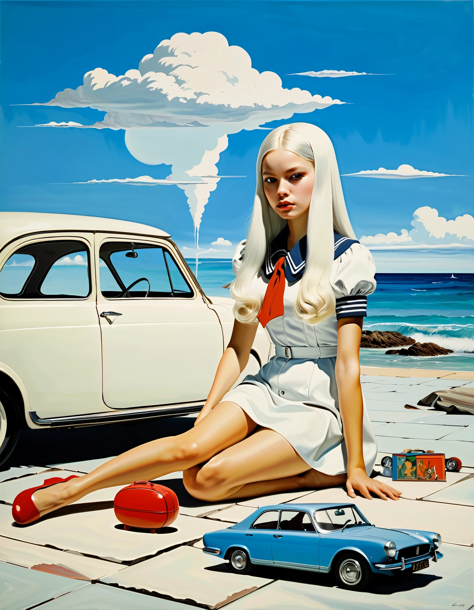 philip guston、Max Ernst, Andy Warhol 、 Lolita Girl in a Beautiful Sailor Suit、 long white hair when placed on the floor 、 Reflected in Glass 、 Surrealist Paintings 、 dress,cloud, girl、１９６０Period Manga 、Japanese, 1970s fashion illustration, avant-garde painting, in front of a mini electric car, ultra-realistic painting, Dead Piggy Bank , acrylic painting
