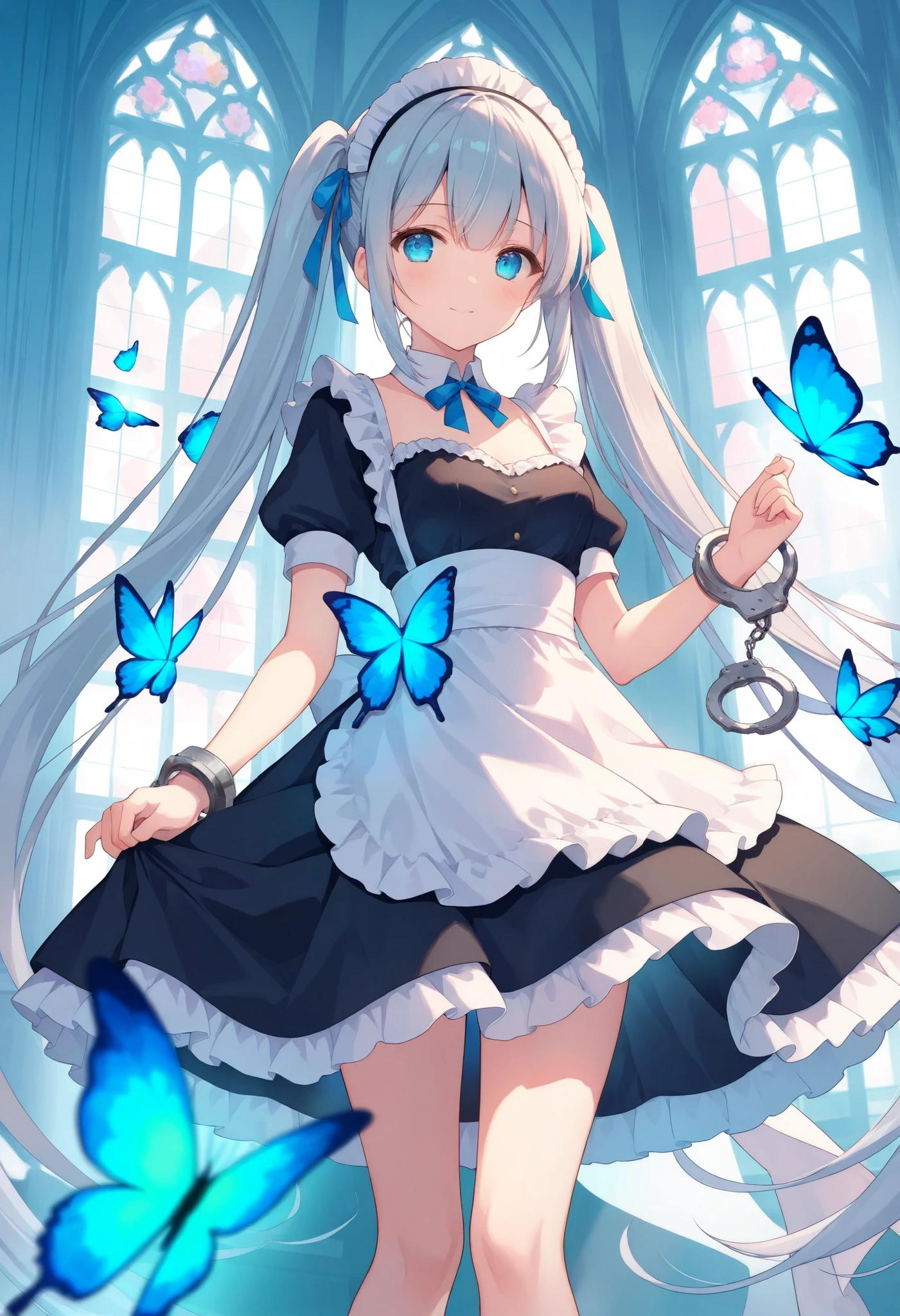 Surrealism, Negative_space, high detail, 1girl, long hair, silver hair, twin tails, blue eyes, elegant dress, maid outfit, handcuffs, frills, ribbons, futuristic metallic details, butterfly motifs, glowing light, ethereal atmosphere, pastel color palette, indoor cathedral, arched windows, surreal floating butterflies
