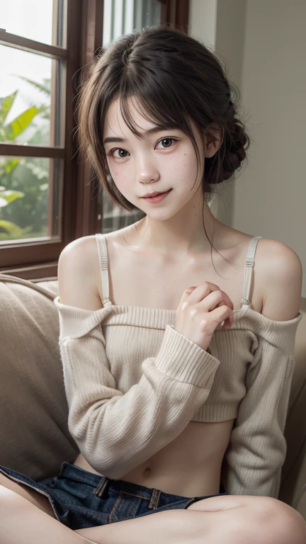 close-up shot ,A trendy young Thai woman in low-waisted jeans and a crop white lace bra lying on back on a plush sofa in a modern living room. Her expression is smile, relaxed and reading book, her both hands holding book, with the camera capturing the softness of the moment. The photo is taken from a wide-angle shot with a 35mm lens, focusing on heThe soft lighting through large windows creates a warm